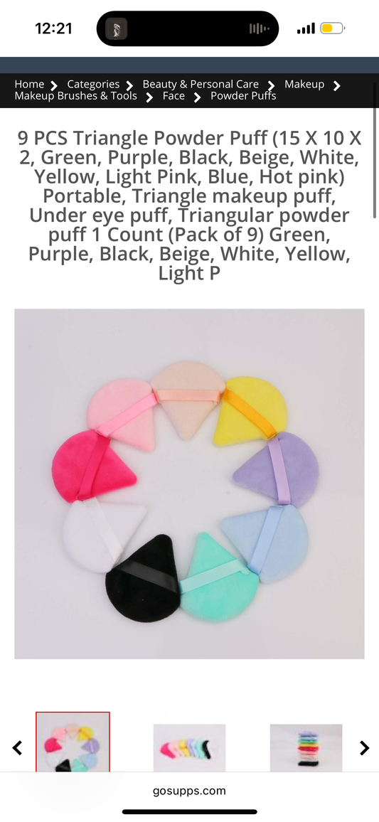 9 PCS Triangle Powder Puff (15 X 10 X 2, Green, Purple, Black, Beige, White, Yellow, Light Pink, Blue, Hot pink) Portable, Triangle makeup puff, Under eye puff, Triangular powder puff