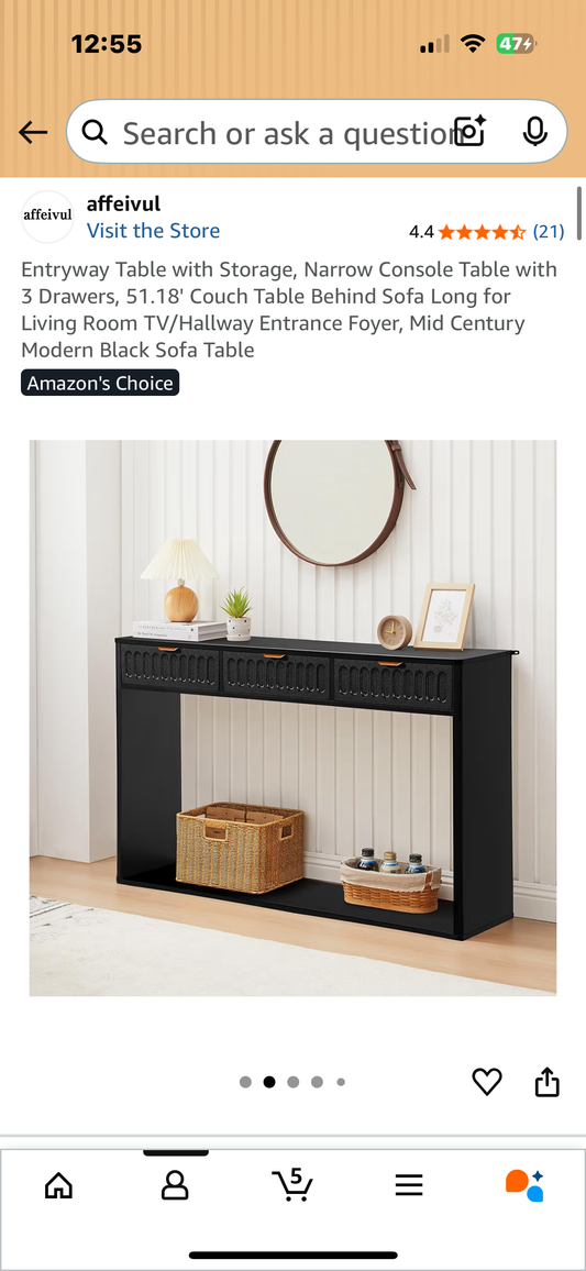 Entryway Table with Storage, Narrow Console Table with 3 Drawers, 51.18' Couch Table Behind Sofa Long for Living Room TV/Hallway Entrance Foyer, Mid Century Modern Black Sofa Table (L1075)