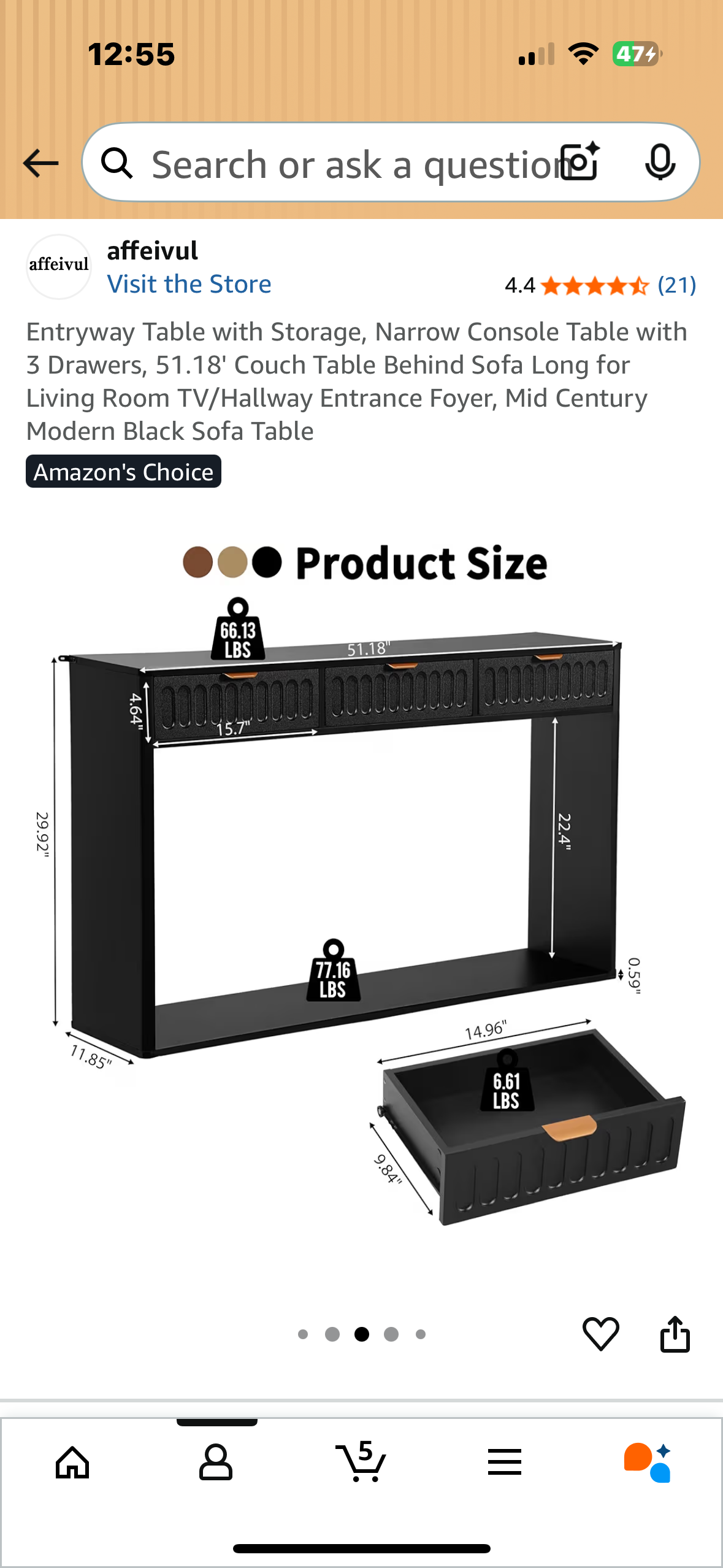 Entryway Table with Storage, Narrow Console Table with 3 Drawers, 51.18' Couch Table Behind Sofa Long for Living Room TV/Hallway Entrance Foyer, Mid Century Modern Black Sofa Table (L1075)