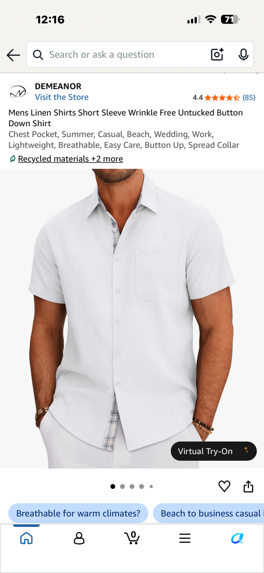Mens Linen Shirts Short Sleeve Wrinkle Free Untucked Button Down Shirt (Large)