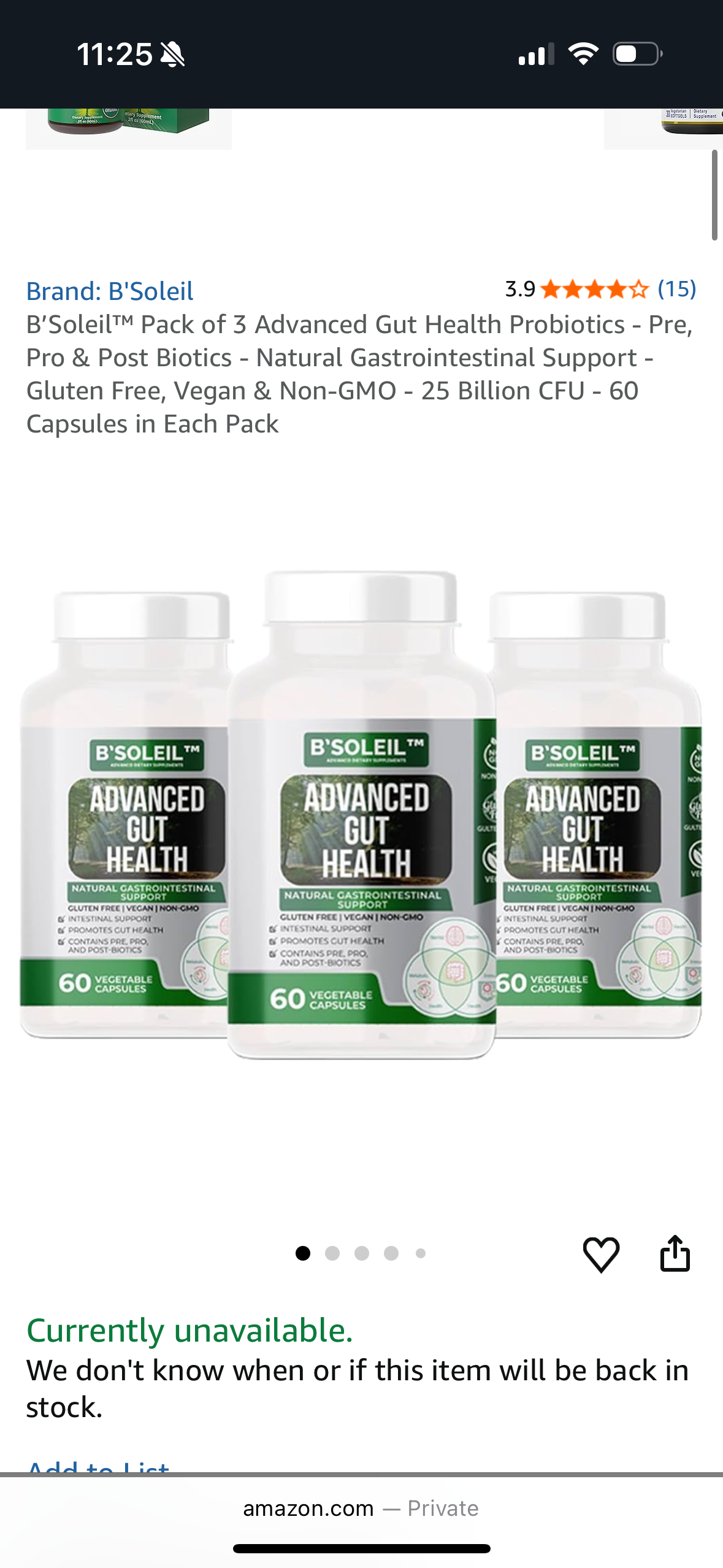 B’Soleil™ Pack of 3 Advanced Gut Health Probiotics - Pre, Pro & Post Biotics - Natural Gastrointestinal Support - Gluten Free, Vegan & Non-GMO - 25 Billion CFU - 60 Capsules in Each Pack