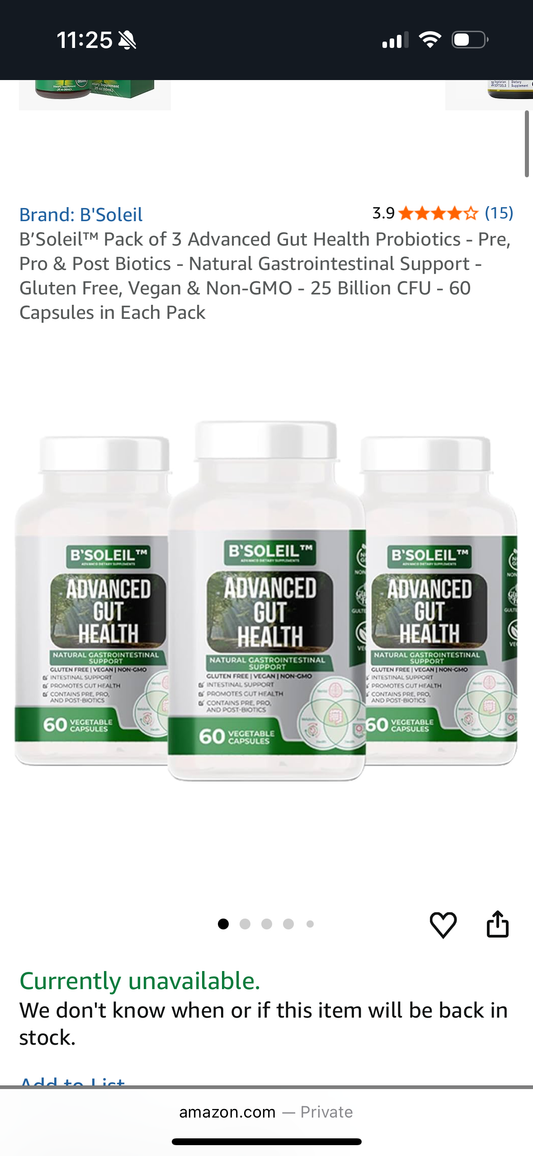 B’Soleil™ Pack of 3 Advanced Gut Health Probiotics - Pre, Pro & Post Biotics - Natural Gastrointestinal Support - Gluten Free, Vegan & Non-GMO - 25 Billion CFU - 60 Capsules in Each Pack