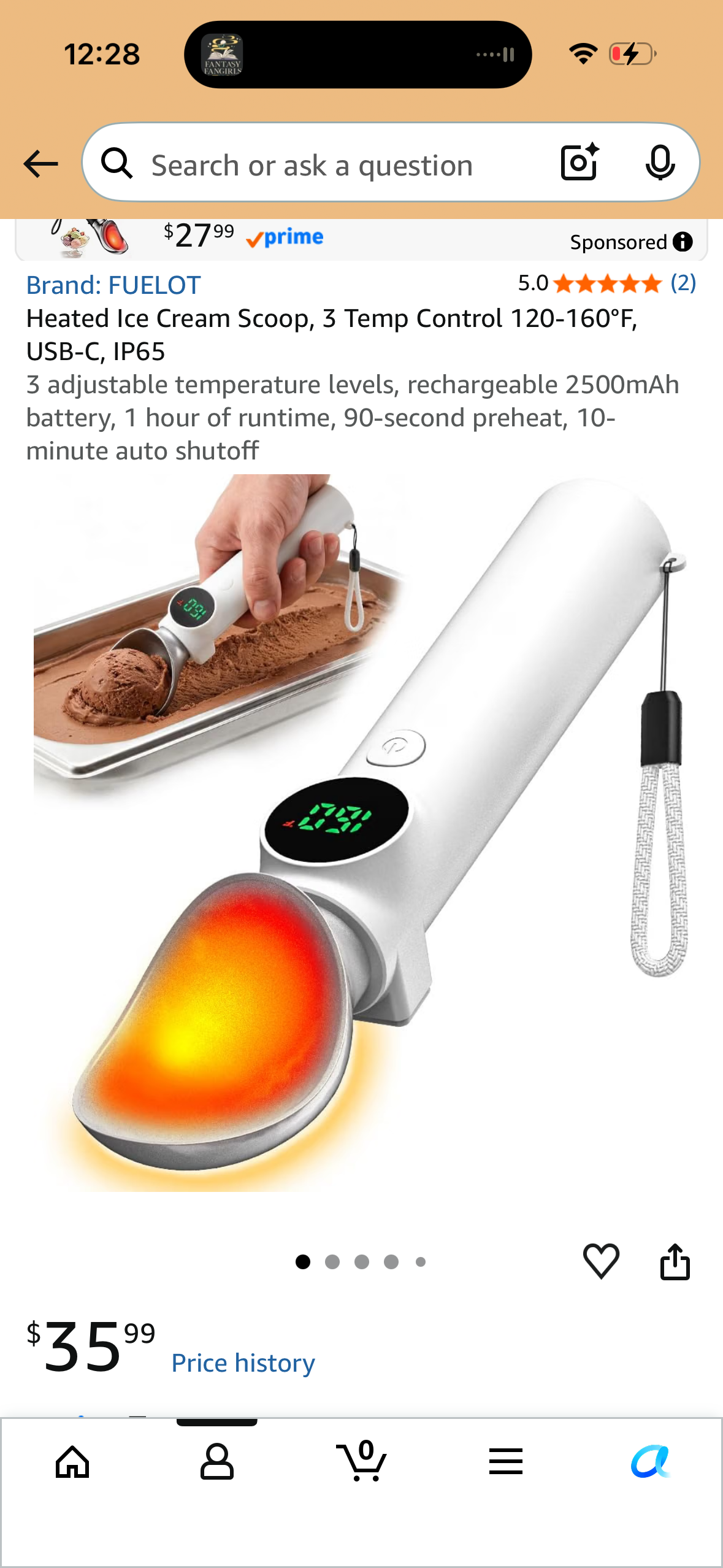 Heated Ice Cream Scoop, 3 Temp Control 120-160°F, USB-C, IP65 3 adjustable temperature levels, rechargeable 2500mAh battery, 1 hour of runtime, 90-second preheat, 10-minute auto shutoff