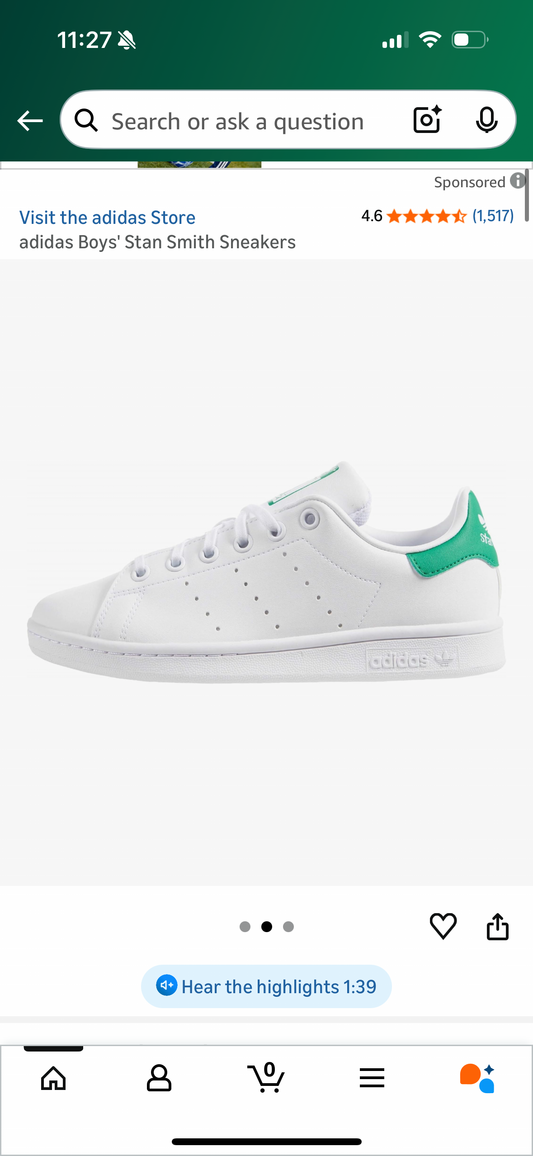 adidas Boys' Stan Smith Sneakers (Size Big Kid 4)