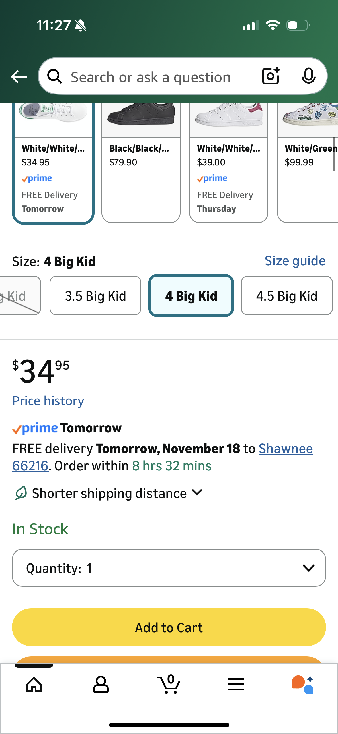 adidas Boys' Stan Smith Sneakers (Size Big Kid 4)