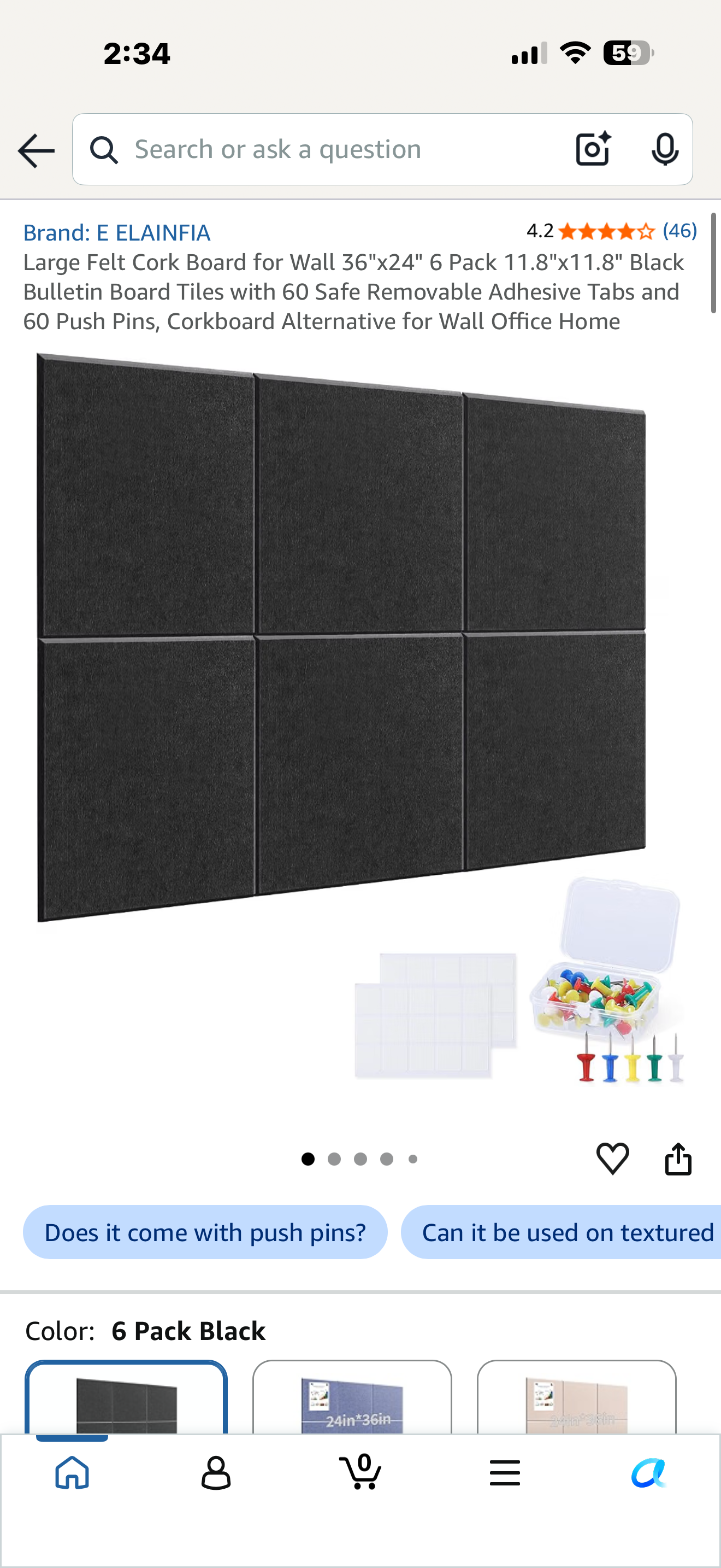 Large Felt Cork Board for Wall 36"x24" 6 Pack 11.8"x11.8" Black Bulletin Board Tiles with 60 Safe Removable Adhesive Tabs and 60 Push Pins, Corkboard Alternative for Wall Office Home