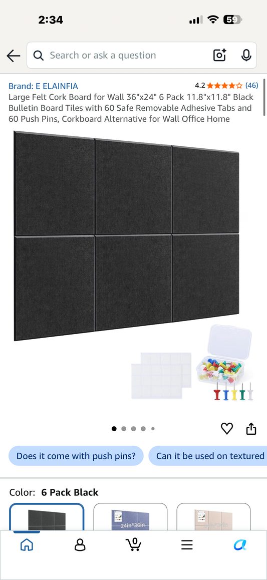 Large Felt Cork Board for Wall 36"x24" 6 Pack 11.8"x11.8" Black Bulletin Board Tiles with 60 Safe Removable Adhesive Tabs and 60 Push Pins, Corkboard Alternative for Wall Office Home
