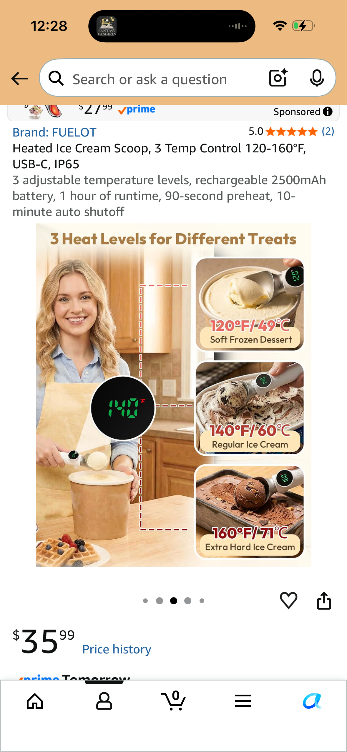 Heated Ice Cream Scoop, 3 Temp Control 120-160°F, USB-C, IP65 3 adjustable temperature levels, rechargeable 2500mAh battery, 1 hour of runtime, 90-second preheat, 10-minute auto shutoff