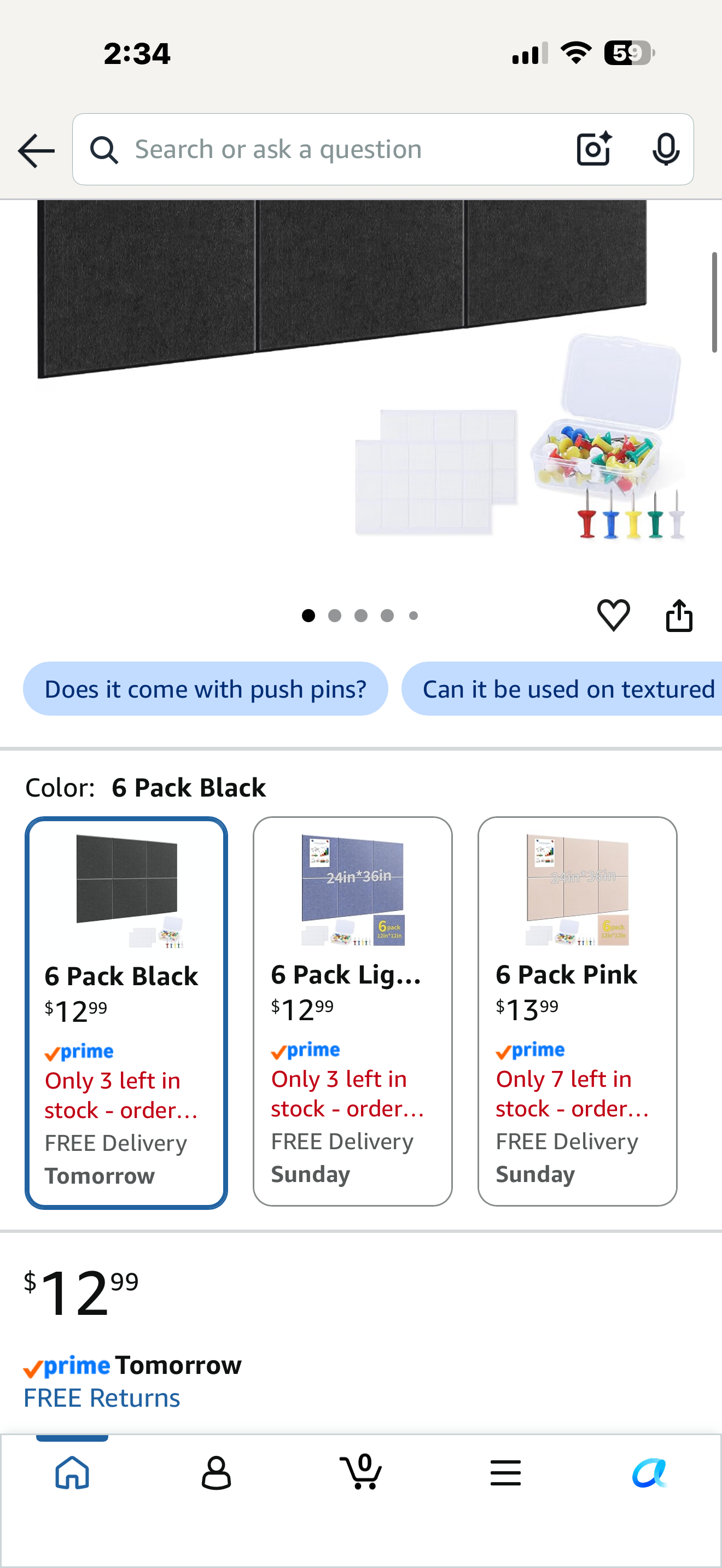 Large Felt Cork Board for Wall 36"x24" 6 Pack 11.8"x11.8" Black Bulletin Board Tiles with 60 Safe Removable Adhesive Tabs and 60 Push Pins, Corkboard Alternative for Wall Office Home