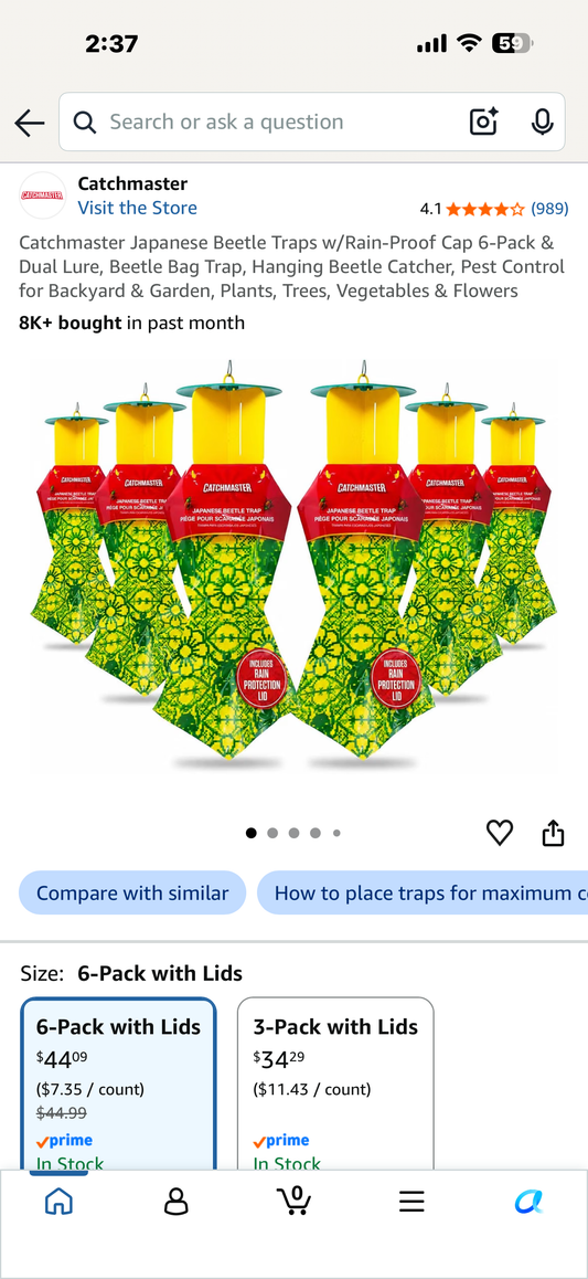 Catchmaster Japanese Beetle Traps w/Rain-Proof Cap 6-Pack & Dual Lure, Beetle Bag Trap, Hanging Beetle Catcher, Pest Control for Backyard & Garden, Plants, Trees, Vegetables & Flowers