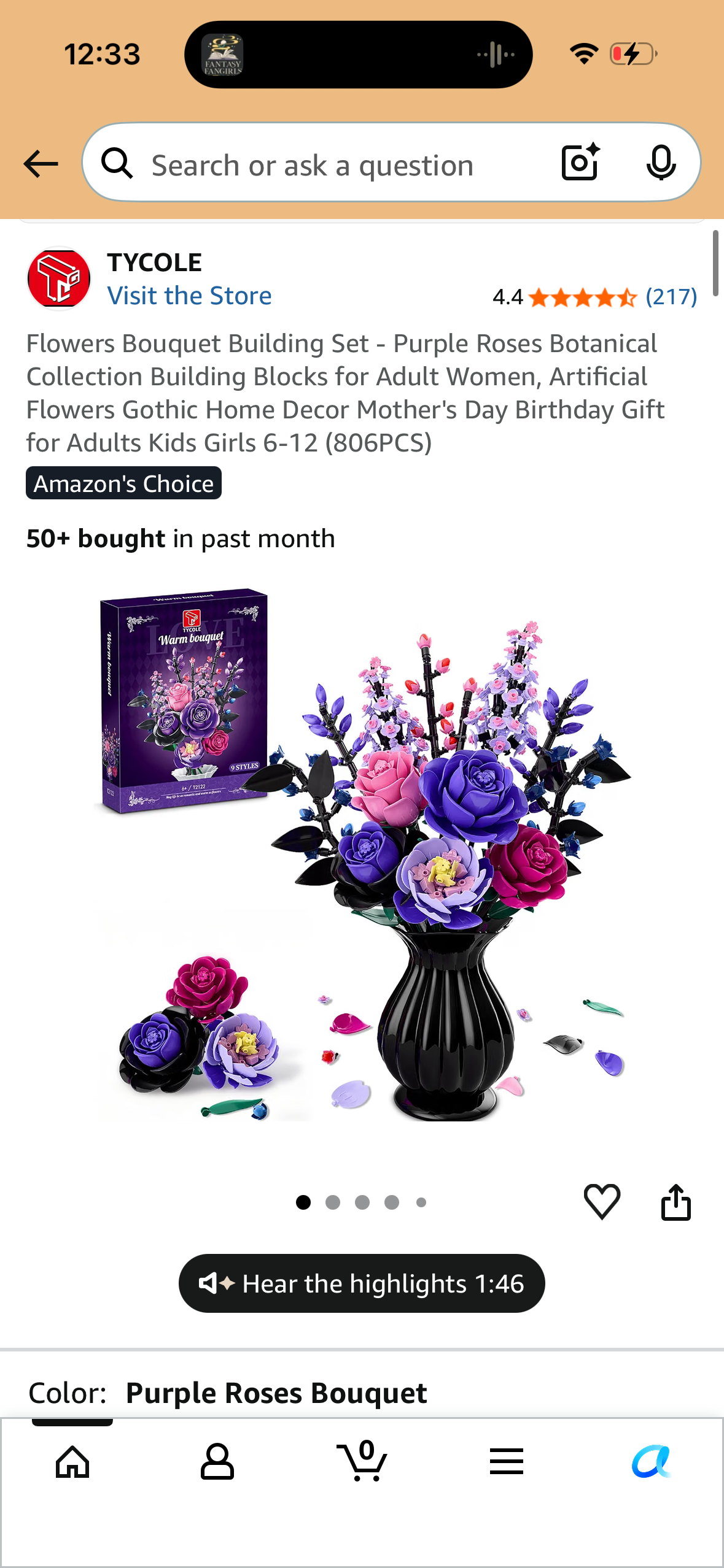 Flowers Bouquet Building Set - Purple Roses Botanical Collection Building Blocks for Adult Women, Artificial Flowers Gothic Home Decor Mother's Day Birthday Gift for Adults Kids Girls 6-12 (806PCS)