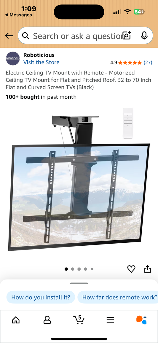 Electric Ceiling TV Mount with Remote - Motorized Ceiling TV Mount for Flat and Pitched Roof, 32 to 70 Inch Flat and Curved Screen TVs (Black) (L1075)