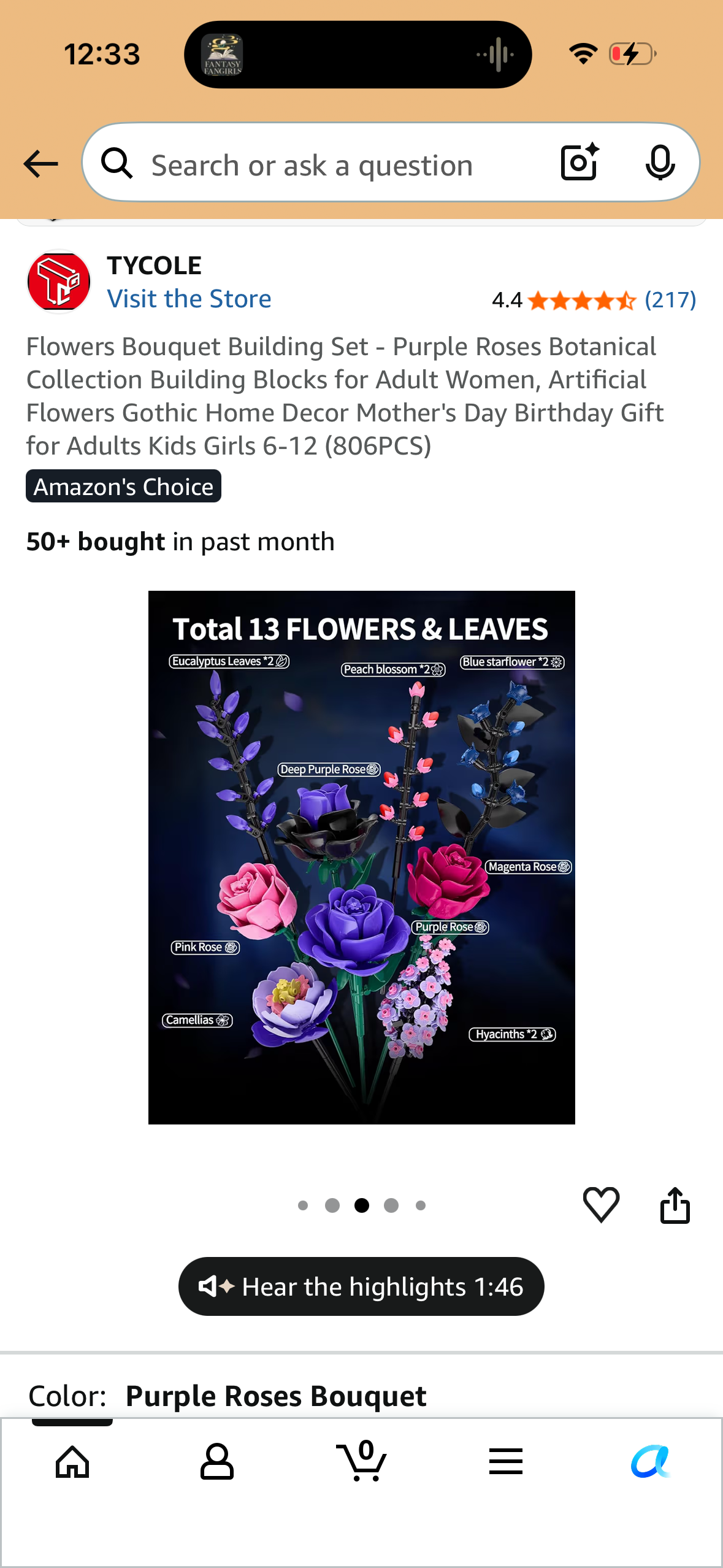 Flowers Bouquet Building Set - Purple Roses Botanical Collection Building Blocks for Adult Women, Artificial Flowers Gothic Home Decor Mother's Day Birthday Gift for Adults Kids Girls 6-12 (806PCS)