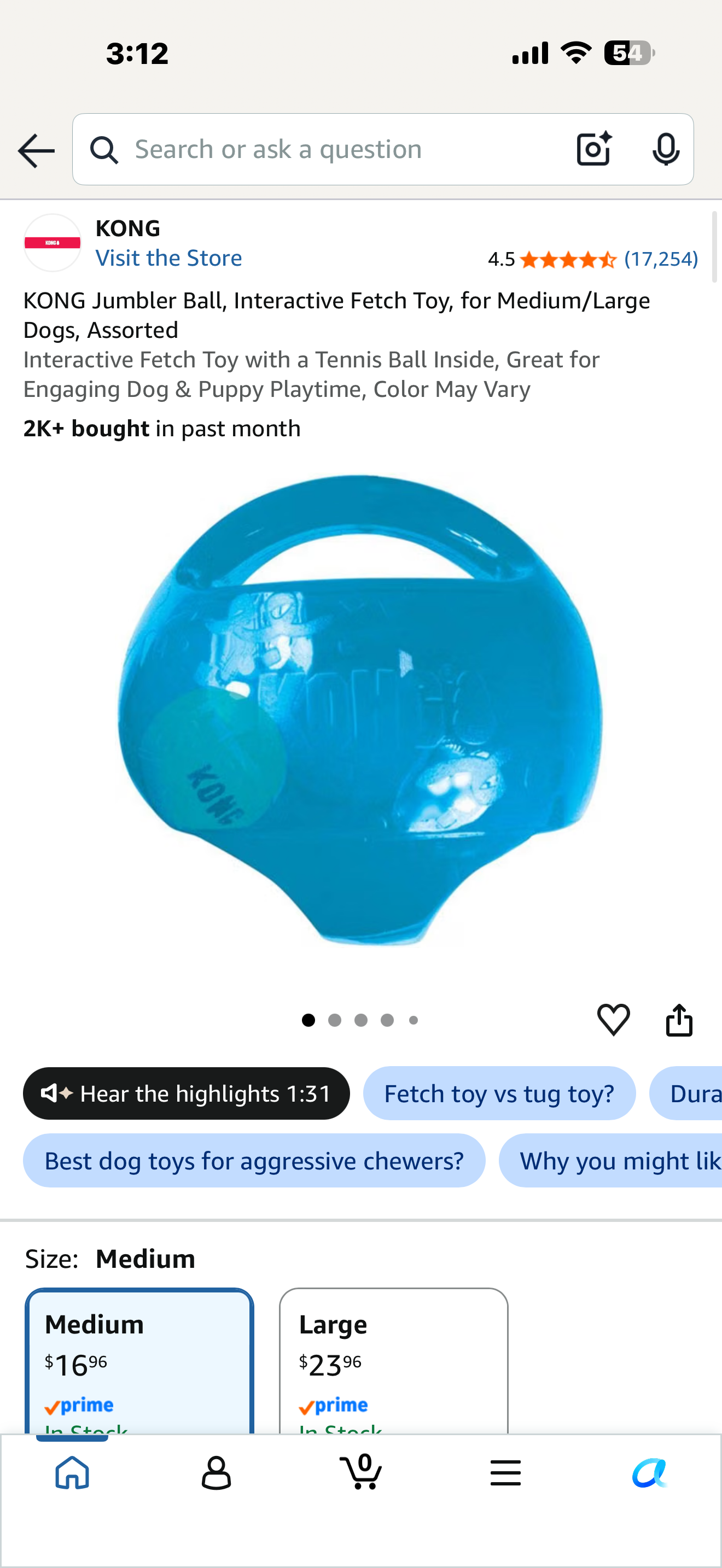 KONG Jumbler Ball, Interactive Fetch Toy, for Medium/Large Dogs, Assorted Interactive Fetch Toy with a Tennis Ball Inside, Great for Engaging Dog & Puppy Playtime