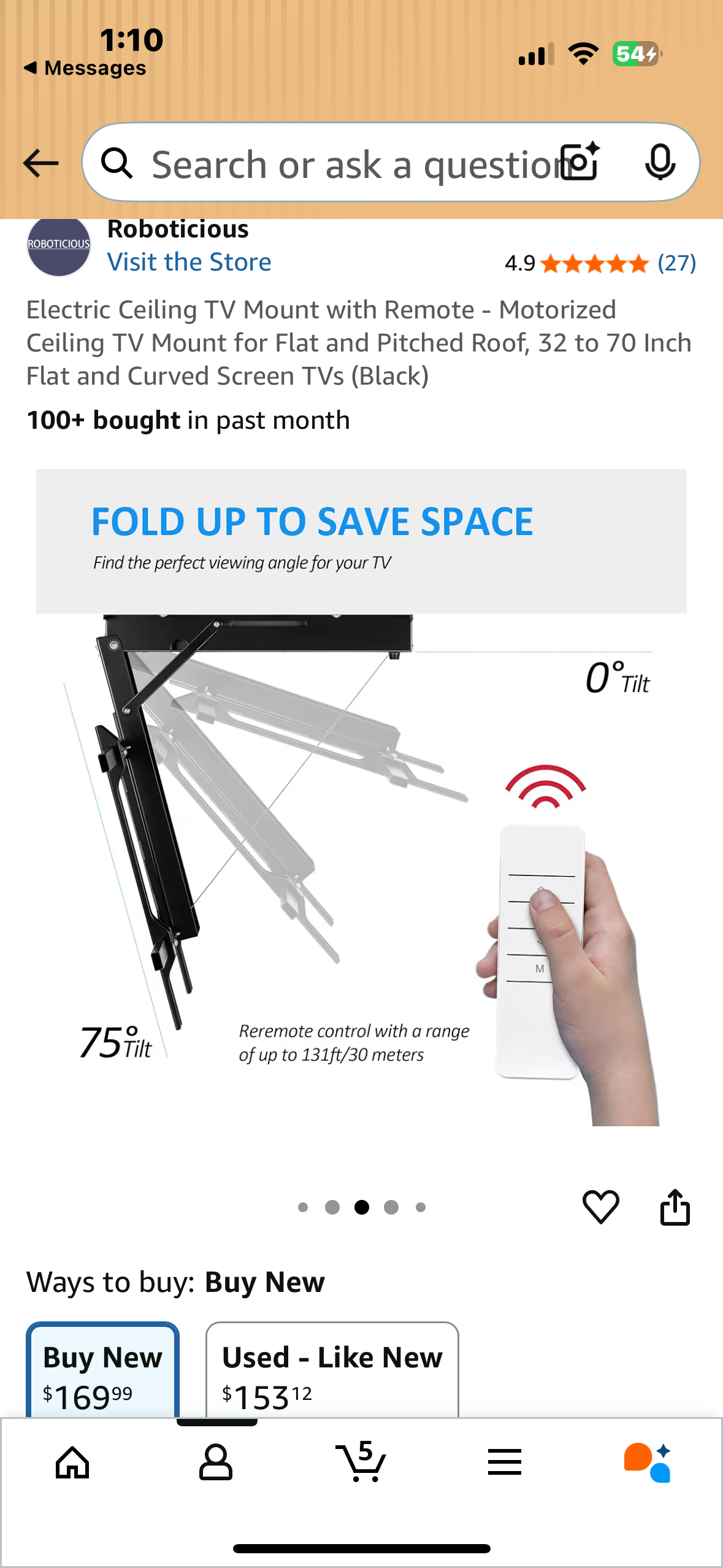 Electric Ceiling TV Mount with Remote - Motorized Ceiling TV Mount for Flat and Pitched Roof, 32 to 70 Inch Flat and Curved Screen TVs (Black) (L1075)