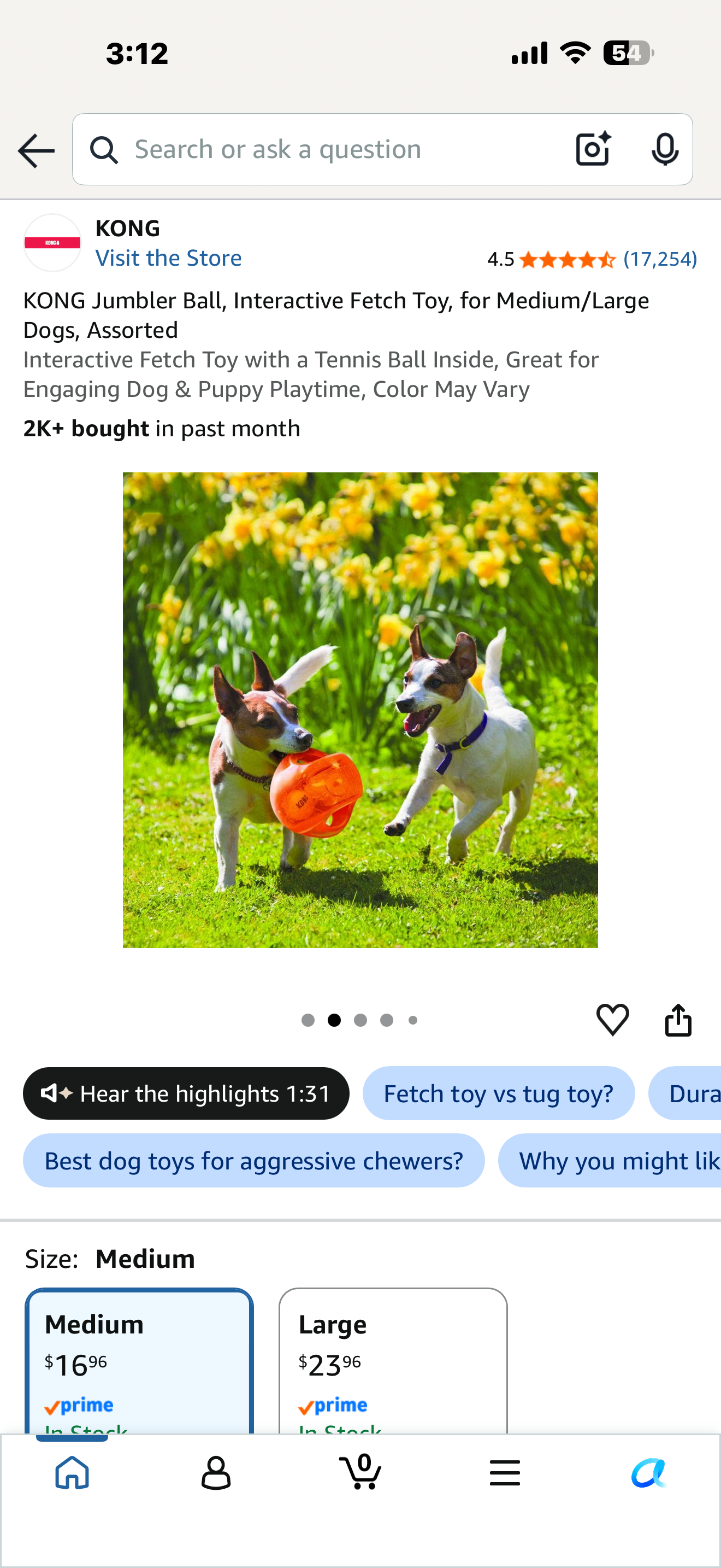 KONG Jumbler Ball, Interactive Fetch Toy, for Medium/Large Dogs, Assorted Interactive Fetch Toy with a Tennis Ball Inside, Great for Engaging Dog & Puppy Playtime