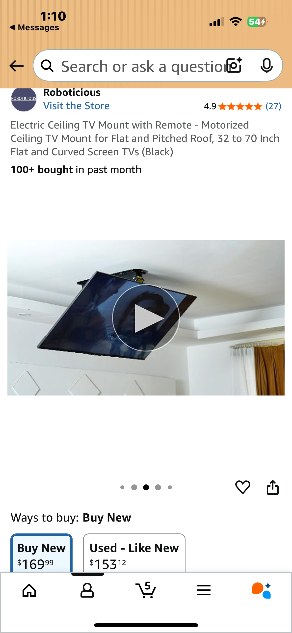 Electric Ceiling TV Mount with Remote - Motorized Ceiling TV Mount for Flat and Pitched Roof, 32 to 70 Inch Flat and Curved Screen TVs (Black) (L1075)