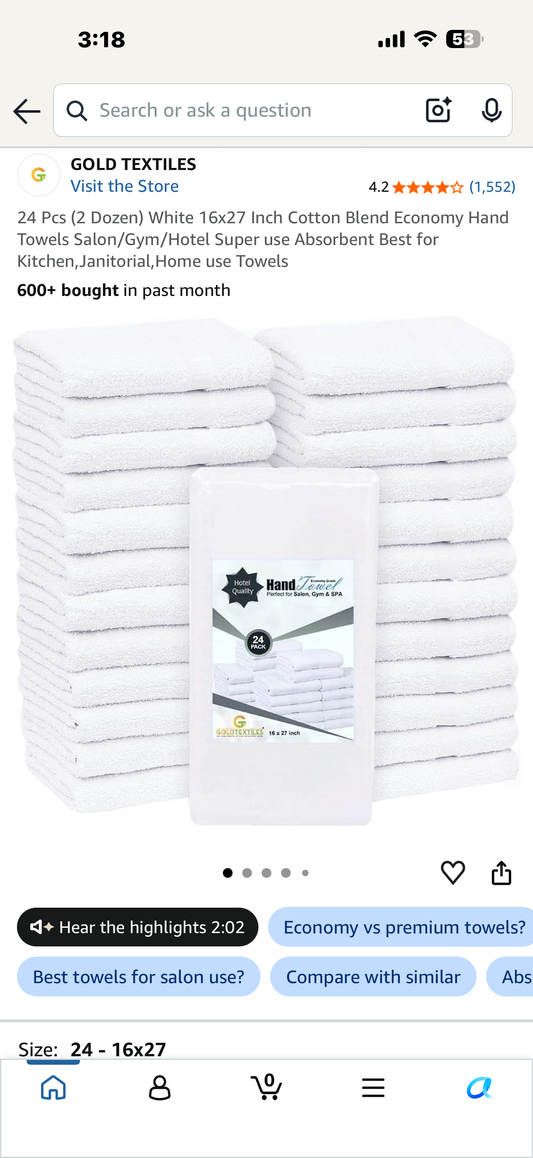 24 Pcs (2 Dozen) White 16x27 Inch Cotton Blend Economy Hand Towels Salon/Gym/Hotel Super use Absorbent Best for Kitchen,Janitorial,Home use Towels