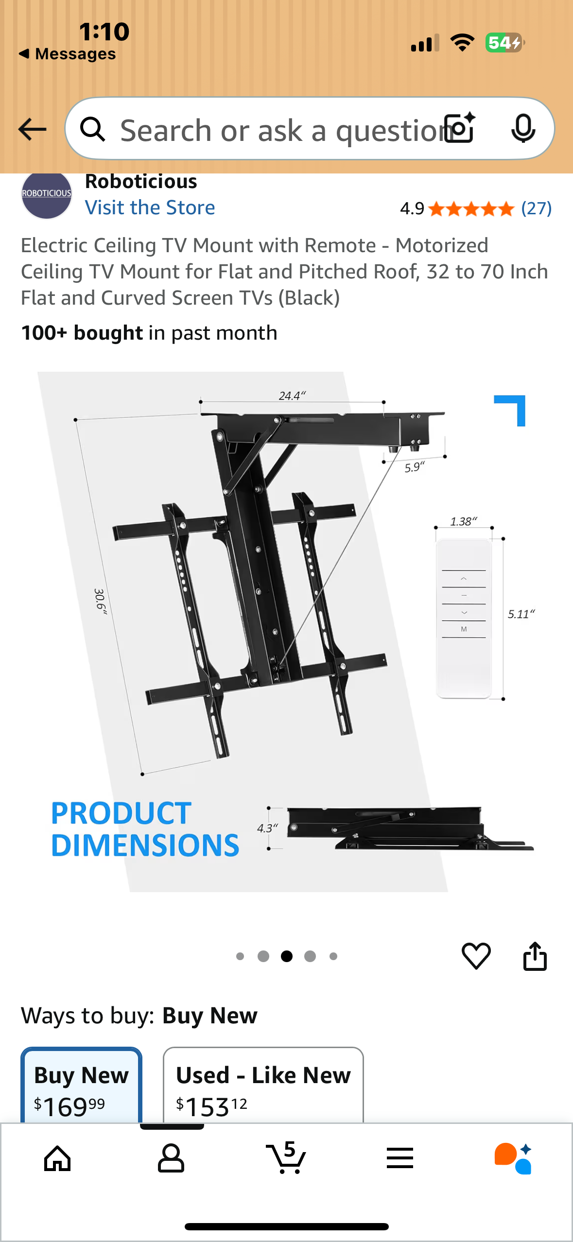 Electric Ceiling TV Mount with Remote - Motorized Ceiling TV Mount for Flat and Pitched Roof, 32 to 70 Inch Flat and Curved Screen TVs (Black) (L1075)