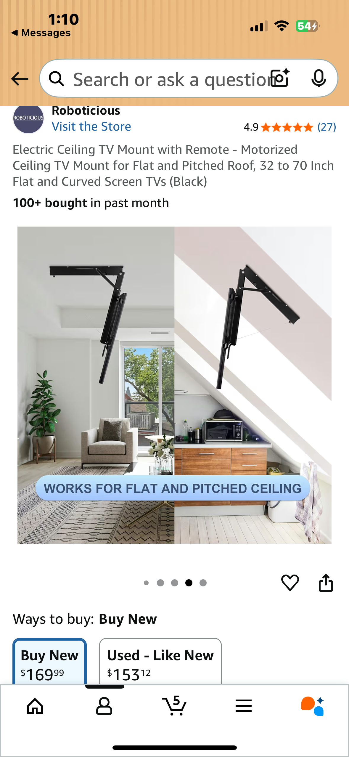 Electric Ceiling TV Mount with Remote - Motorized Ceiling TV Mount for Flat and Pitched Roof, 32 to 70 Inch Flat and Curved Screen TVs (Black) (L1075)