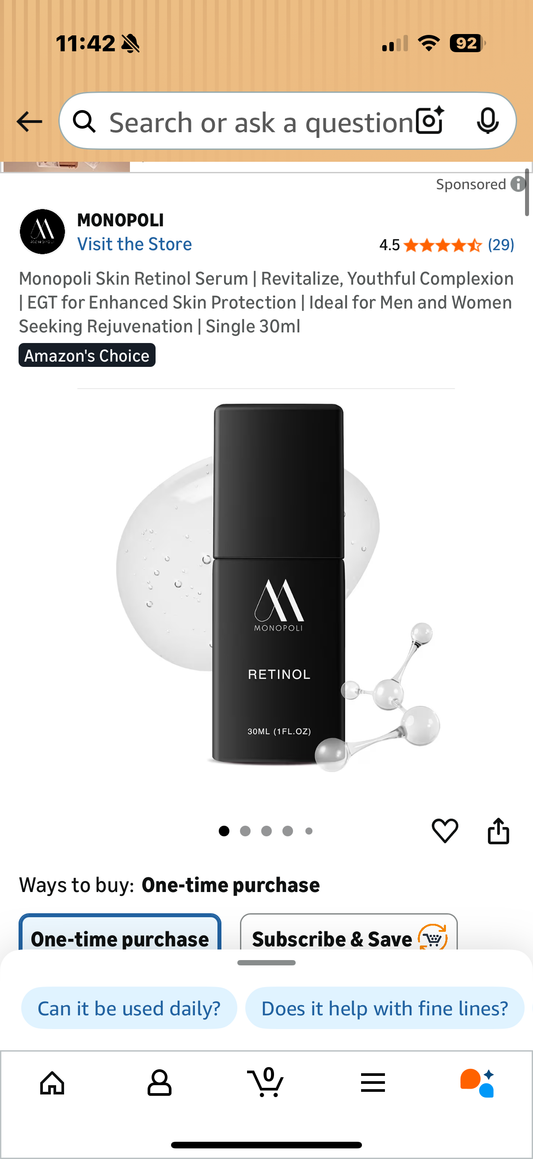 Monopoli Skin Retinol Serum | Revitalize, Youthful Complexion | EGT for Enhanced Skin Protection | Ideal for Men and Women Seeking Rejuvenation | Single 30ml