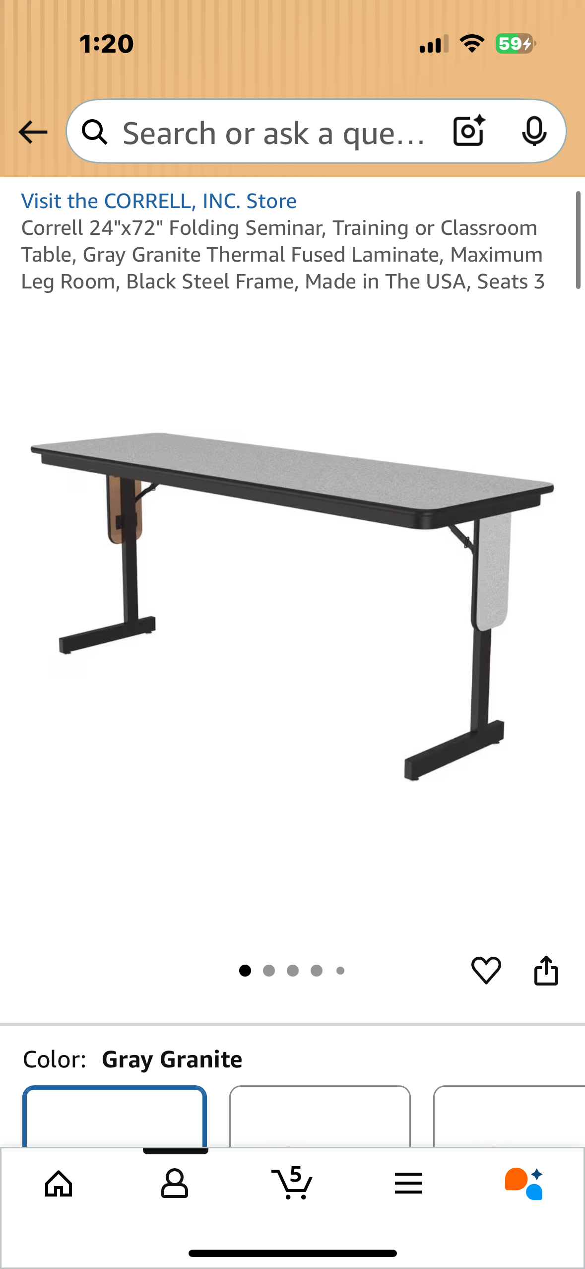 Correll 24"x72" Folding Seminar, Training or Classroom Table, Gray Granite Thermal Fused Laminate, Maximum Leg Room, Black Steel Frame, Made in The USA, Seats 3 (G887)