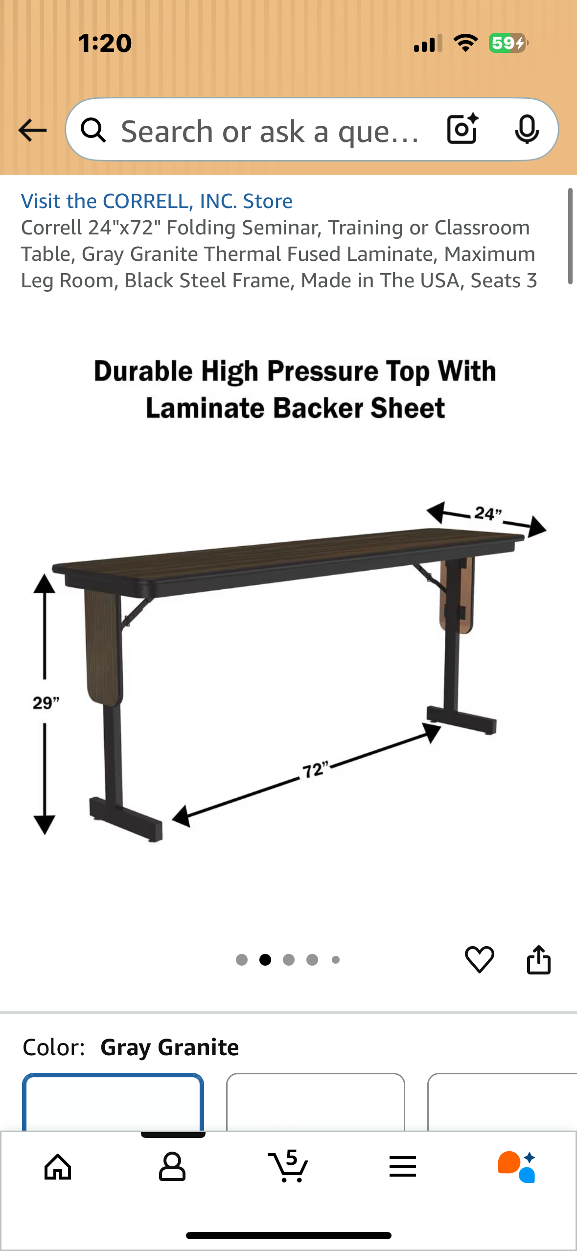 Correll 24"x72" Folding Seminar, Training or Classroom Table, Gray Granite Thermal Fused Laminate, Maximum Leg Room, Black Steel Frame, Made in The USA, Seats 3 (G887)