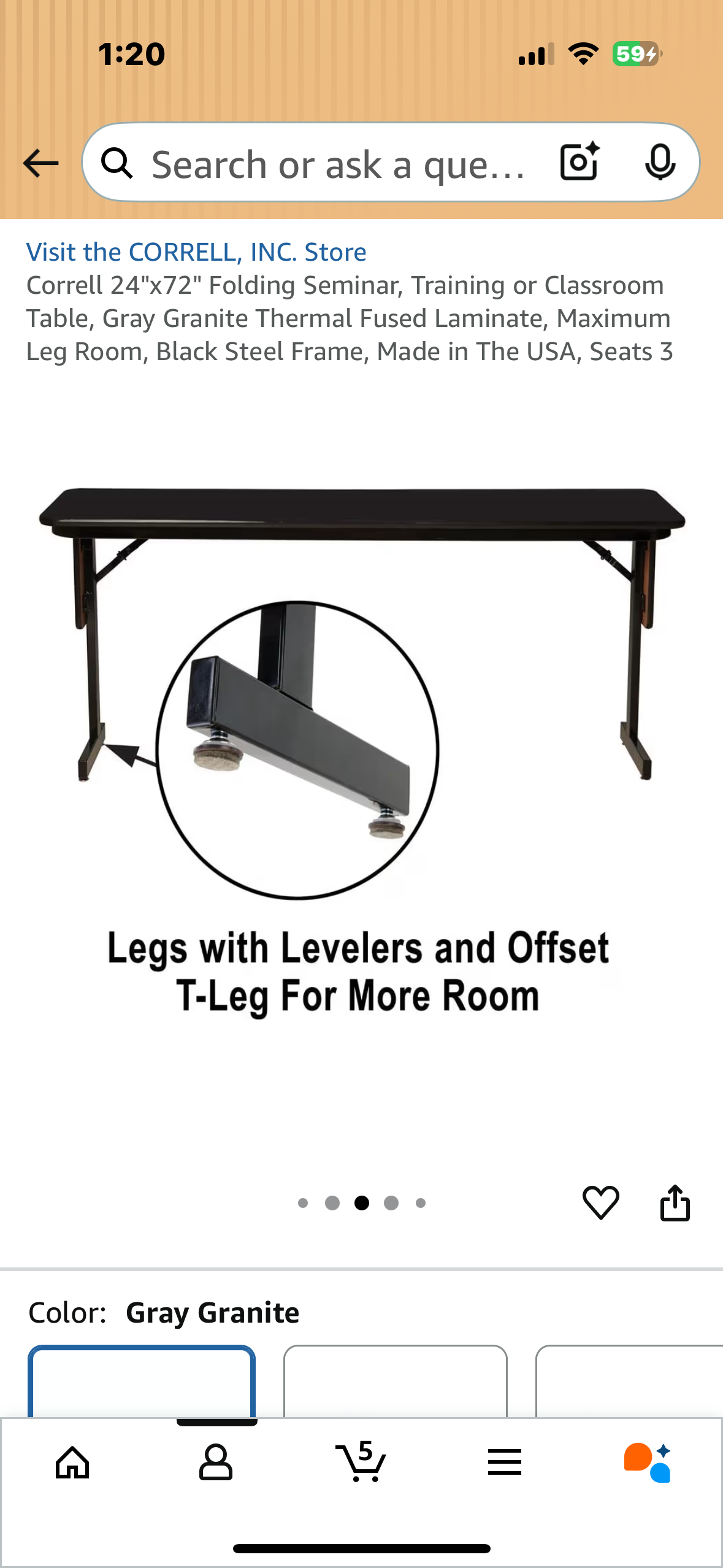 Correll 24"x72" Folding Seminar, Training or Classroom Table, Gray Granite Thermal Fused Laminate, Maximum Leg Room, Black Steel Frame, Made in The USA, Seats 3 (G887)