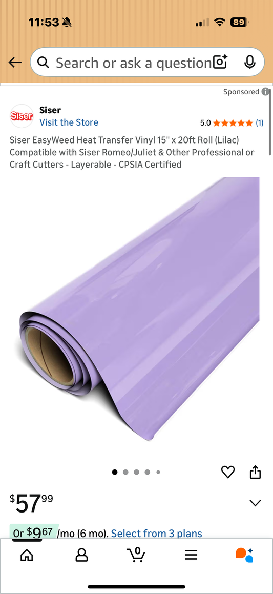 Siser EasyWeed Heat Transfer Vinyl 15" x 20ft Roll (Lilac) Compatible with Siser Romeo/Juliet & Other Professional or Craft Cutters - Layerable - CPSIA Certified