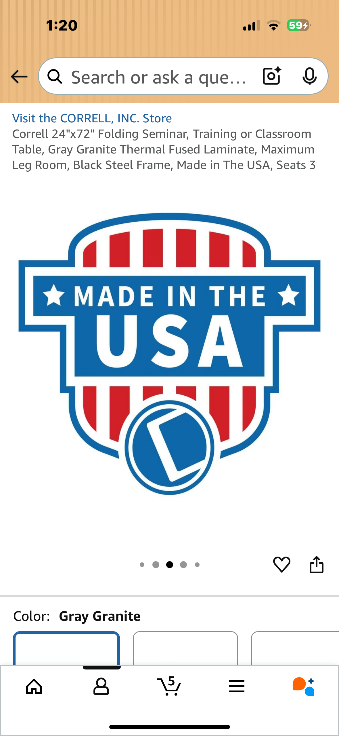 Correll 24"x72" Folding Seminar, Training or Classroom Table, Gray Granite Thermal Fused Laminate, Maximum Leg Room, Black Steel Frame, Made in The USA, Seats 3 (G887)