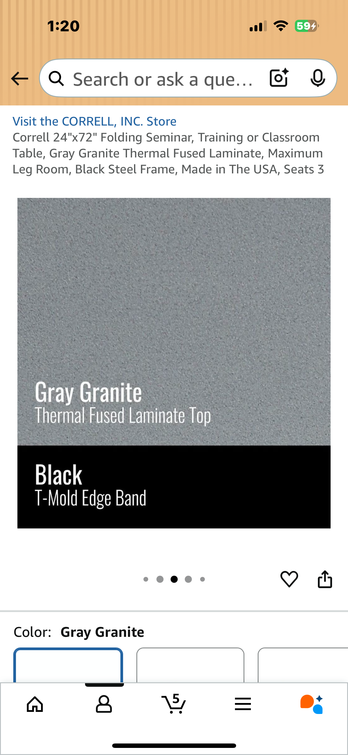 Correll 24"x72" Folding Seminar, Training or Classroom Table, Gray Granite Thermal Fused Laminate, Maximum Leg Room, Black Steel Frame, Made in The USA, Seats 3 (G887)