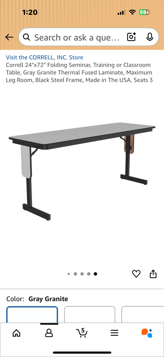 Correll 24"x72" Folding Seminar, Training or Classroom Table, Gray Granite Thermal Fused Laminate, Maximum Leg Room, Black Steel Frame, Made in The USA, Seats 3 (G887)
