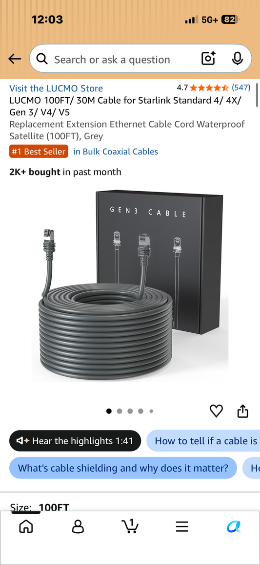 100FT/ 30M Cable for Starlink Standard 4/ 4X/ Gen 3/ V4/ V5 Replacement Extension Ethernet Cable Cord Waterproof Satellite (100FT), Grey