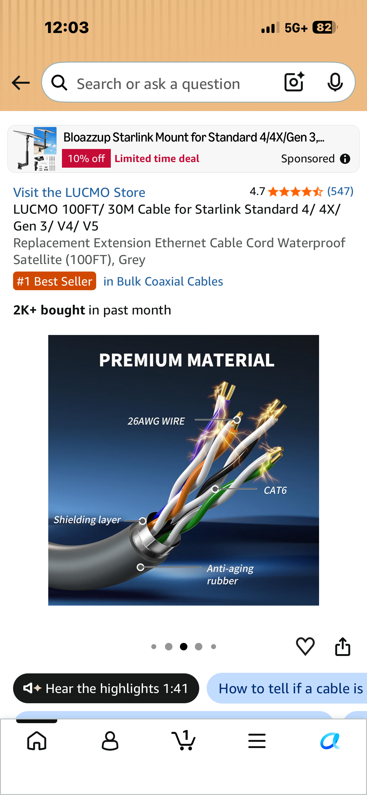 100FT/ 30M Cable for Starlink Standard 4/ 4X/ Gen 3/ V4/ V5 Replacement Extension Ethernet Cable Cord Waterproof Satellite (100FT), Grey