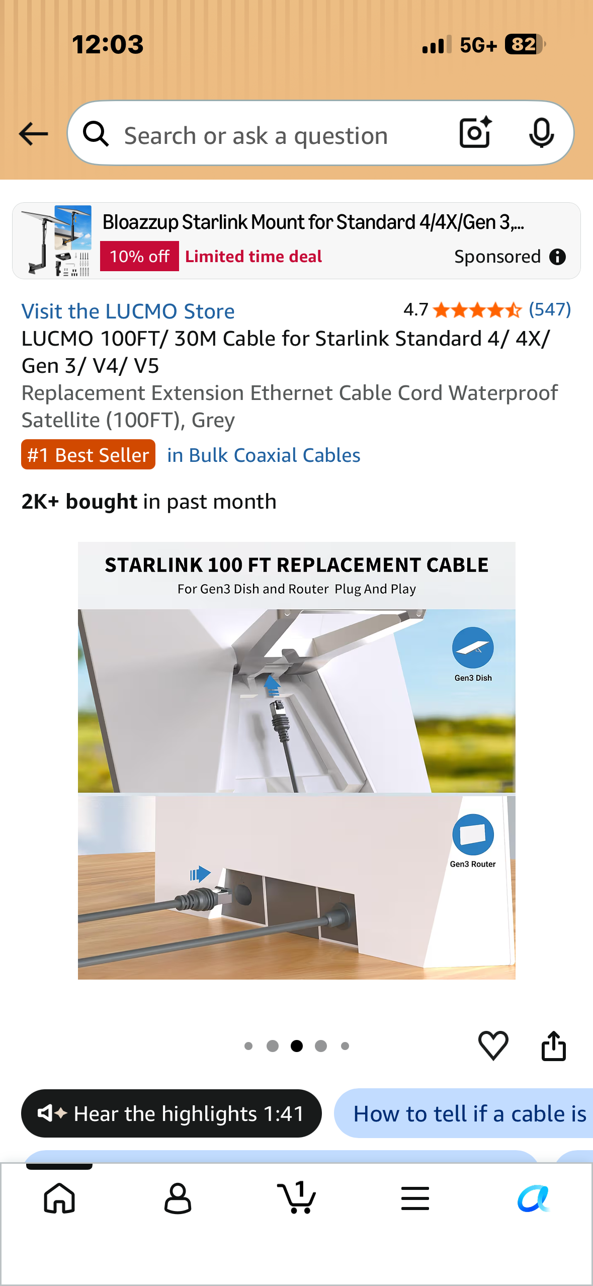 100FT/ 30M Cable for Starlink Standard 4/ 4X/ Gen 3/ V4/ V5 Replacement Extension Ethernet Cable Cord Waterproof Satellite (100FT), Grey