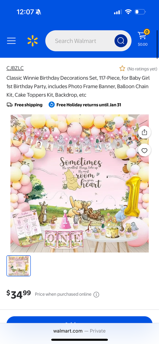 Classic Winnie Birthday Decorations Set, 117-Piece, for Baby Girl 1st Birthday Party, includes Photo Frame Banner, Balloon Chain Kit, Cake Toppers Kit, Backdrop, etc