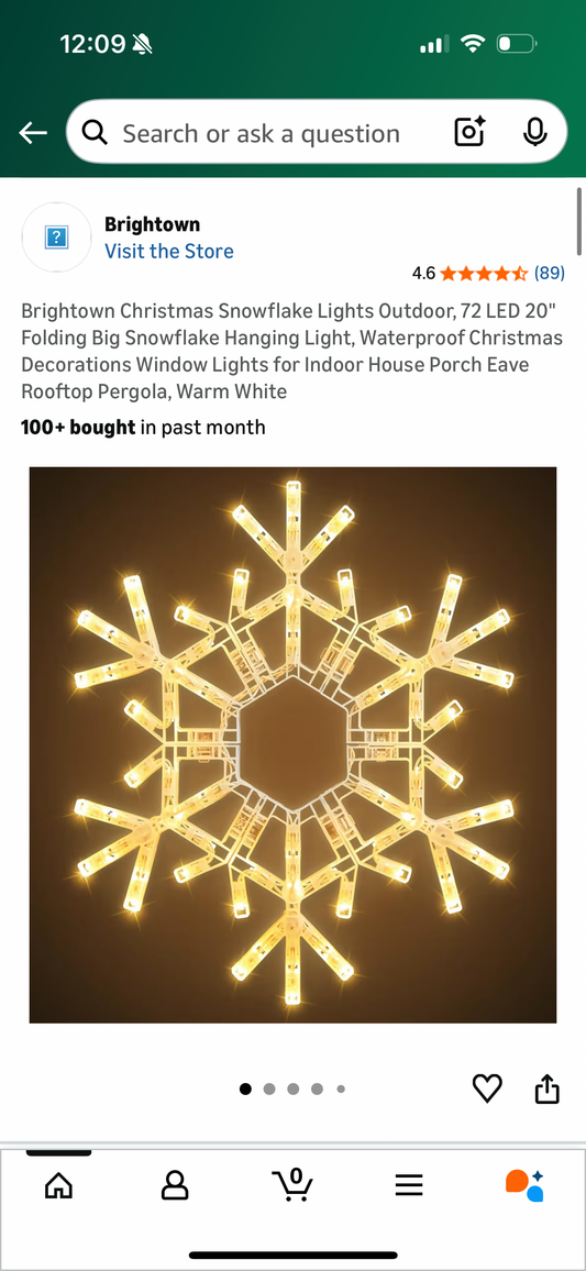 Brightown Christmas Snowflake Lights Outdoor, 72 LED 20" Folding Big Snowflake Hanging Light, Waterproof Christmas Decorations Window Lights for Indoor House Porch Eave Rooftop Pergola, Warm White