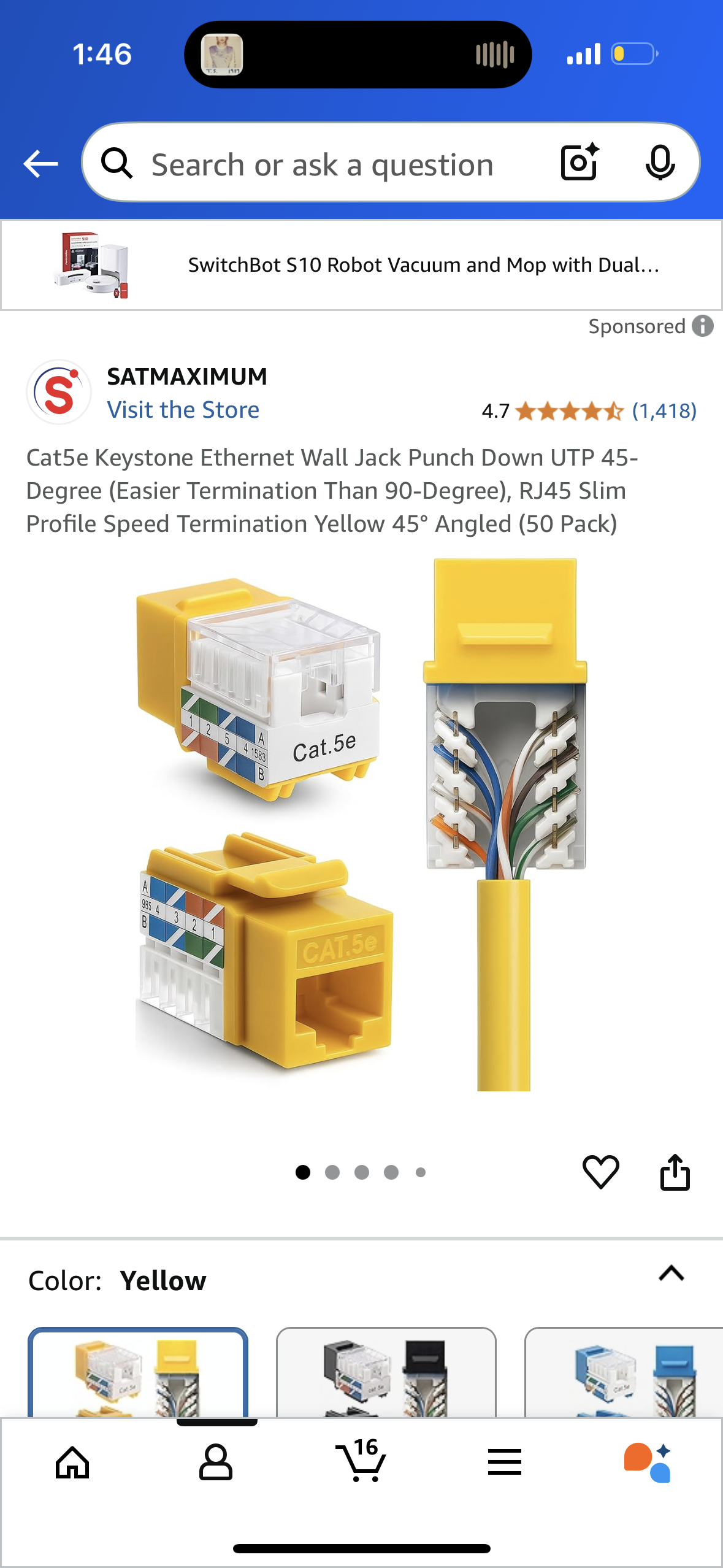 Cat5e Keystone Ethernet Wall Jack Punch Down UTP 45-Degree (Easier Termination Than 90-Degree), RJ45 Slim Profile Speed Termination Yellow 45° Angled (50 Pack)