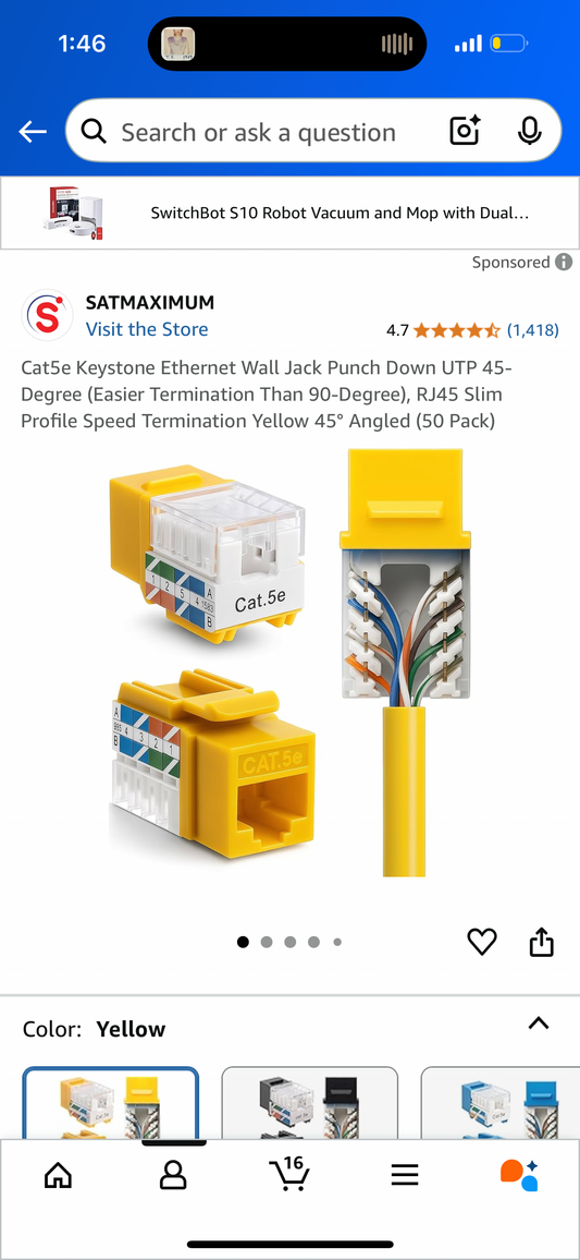 Cat5e Keystone Ethernet Wall Jack Punch Down UTP 45-Degree (Easier Termination Than 90-Degree), RJ45 Slim Profile Speed Termination Yellow 45° Angled (50 Pack)