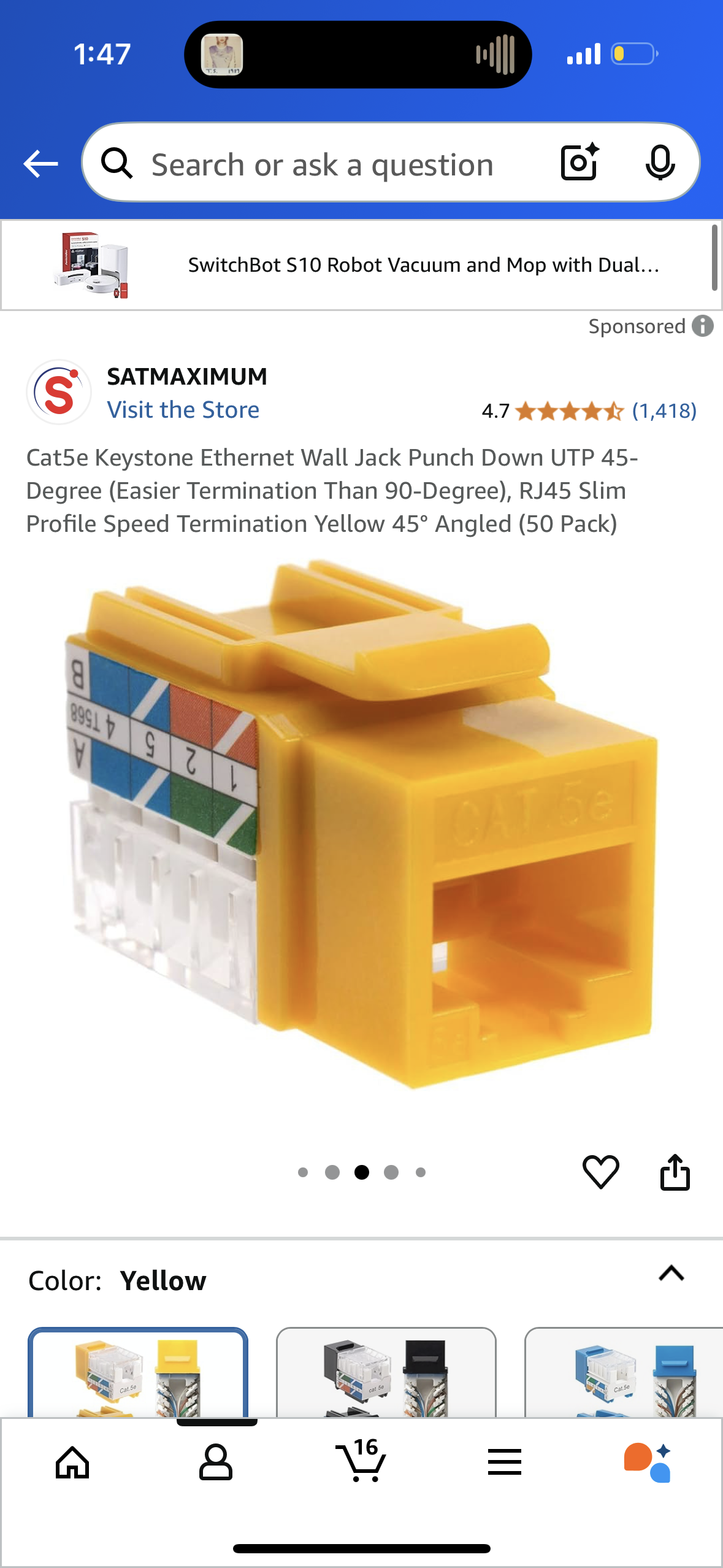 Cat5e Keystone Ethernet Wall Jack Punch Down UTP 45-Degree (Easier Termination Than 90-Degree), RJ45 Slim Profile Speed Termination Yellow 45° Angled (50 Pack)