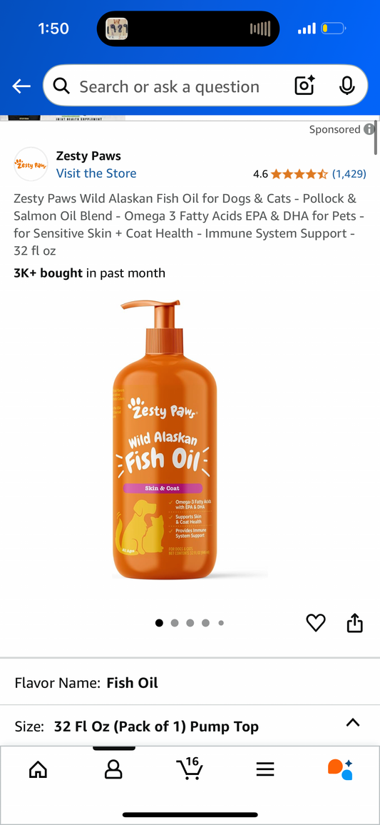 Zesty Paws Wild Alaskan Fish Oil for Dogs & Cats - Pollock & Salmon Oil Blend - Omega 3 Fatty Acids EPA & DHA for Pets - for Sensitive Skin + Coat Health - Immune System Support - 32 fl oz