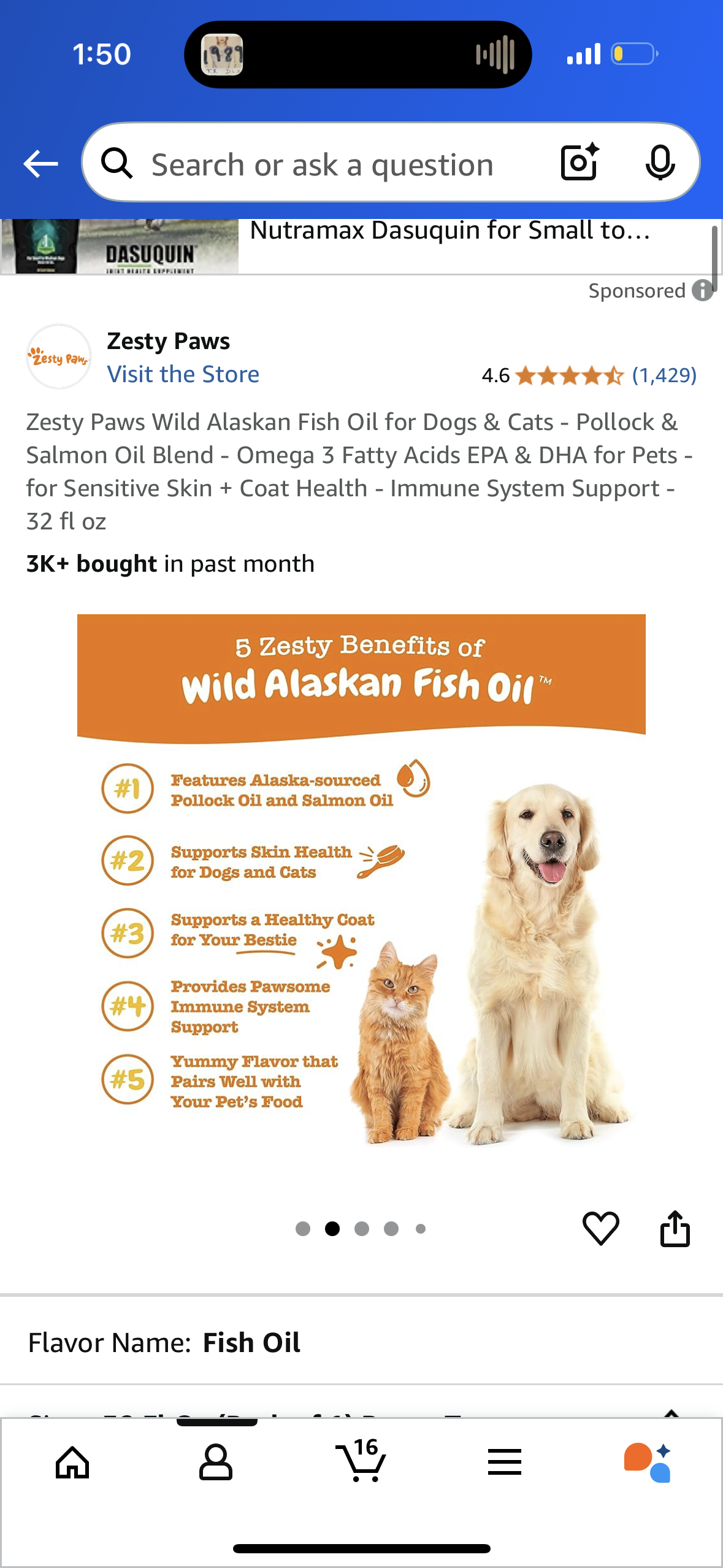 Zesty Paws Wild Alaskan Fish Oil for Dogs & Cats - Pollock & Salmon Oil Blend - Omega 3 Fatty Acids EPA & DHA for Pets - for Sensitive Skin + Coat Health - Immune System Support - 32 fl oz