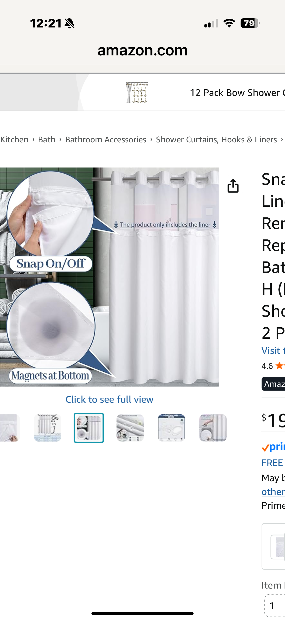 KONZENT Snap in Shower Curtain Liner Replacement Removable Water Repellent Liner for Bathroom 70" W x 54" H (Fit for 71" W x 74" H Shower Curtain) (White, 3 Pack)