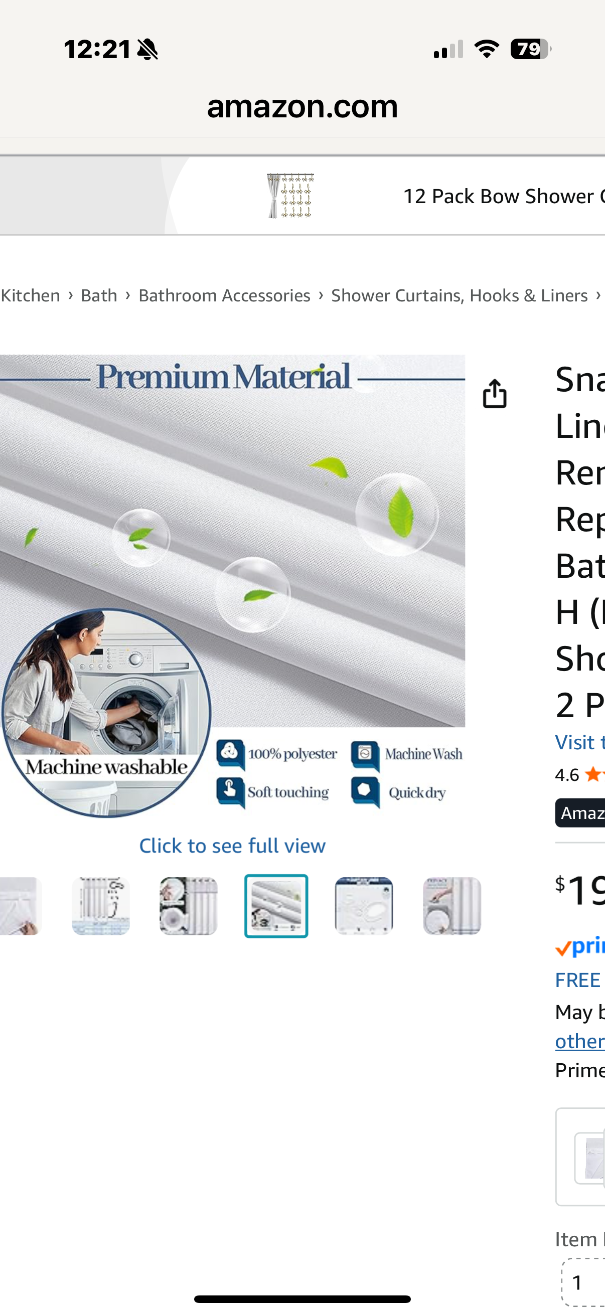 KONZENT Snap in Shower Curtain Liner Replacement Removable Water Repellent Liner for Bathroom 70" W x 54" H (Fit for 71" W x 74" H Shower Curtain) (White, 3 Pack)