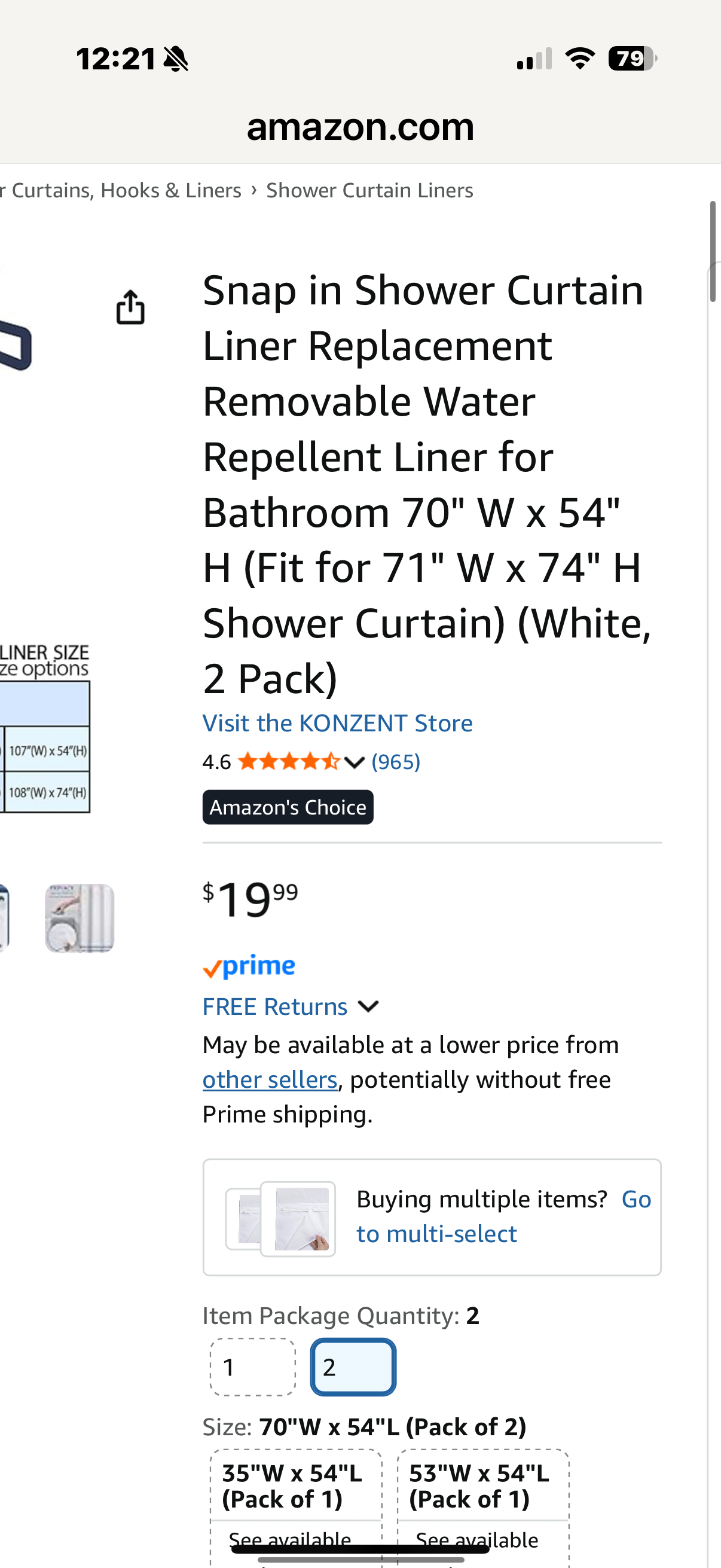 KONZENT Snap in Shower Curtain Liner Replacement Removable Water Repellent Liner for Bathroom 70" W x 54" H (Fit for 71" W x 74" H Shower Curtain) (White, 3 Pack)