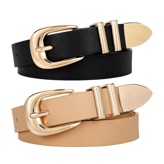 WERFORU 2 Pack Women Leather Belt for Jeans Pants, Ladies Leather Belt with Gold Buckle (100cm)