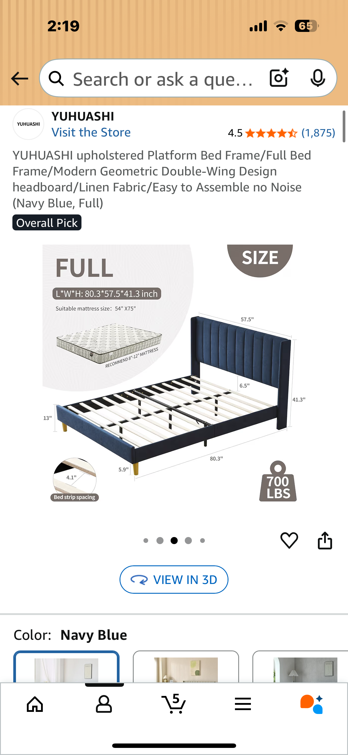 YUHUASHI Full Size upholstered Platform Bed  Bed Frame, Modern Geometric Double-Wing Design headboard/Linen Fabric/Easy to Assemble no Noise (Navy Blue, Full) (B1131)