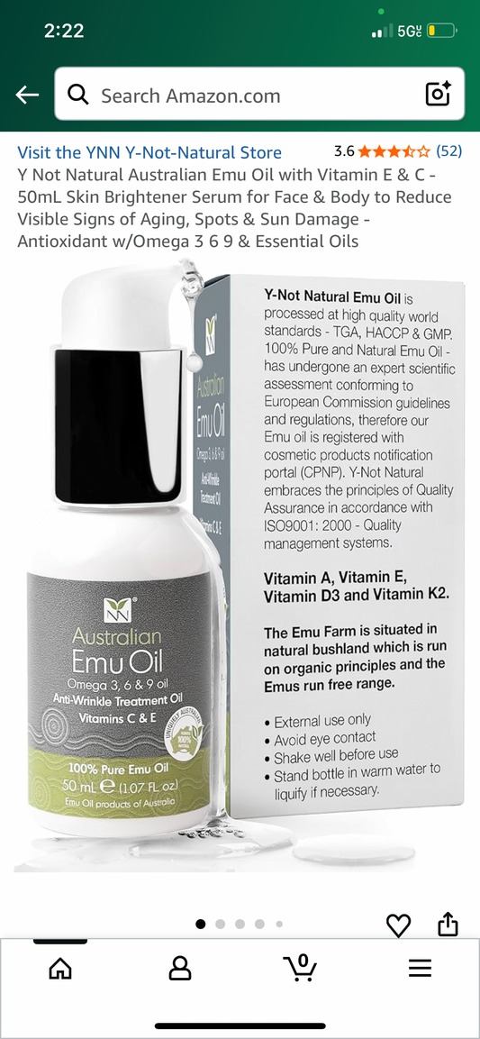 Y Not Natural Australian Emu Oil with Vitamin E & C - 50mL Skin Brightener Serum for Face & Body to Reduce Visible Signs of Aging, Spots & Sun Damage - Antioxidant w/Omega 3 6 9 & Essential Oils