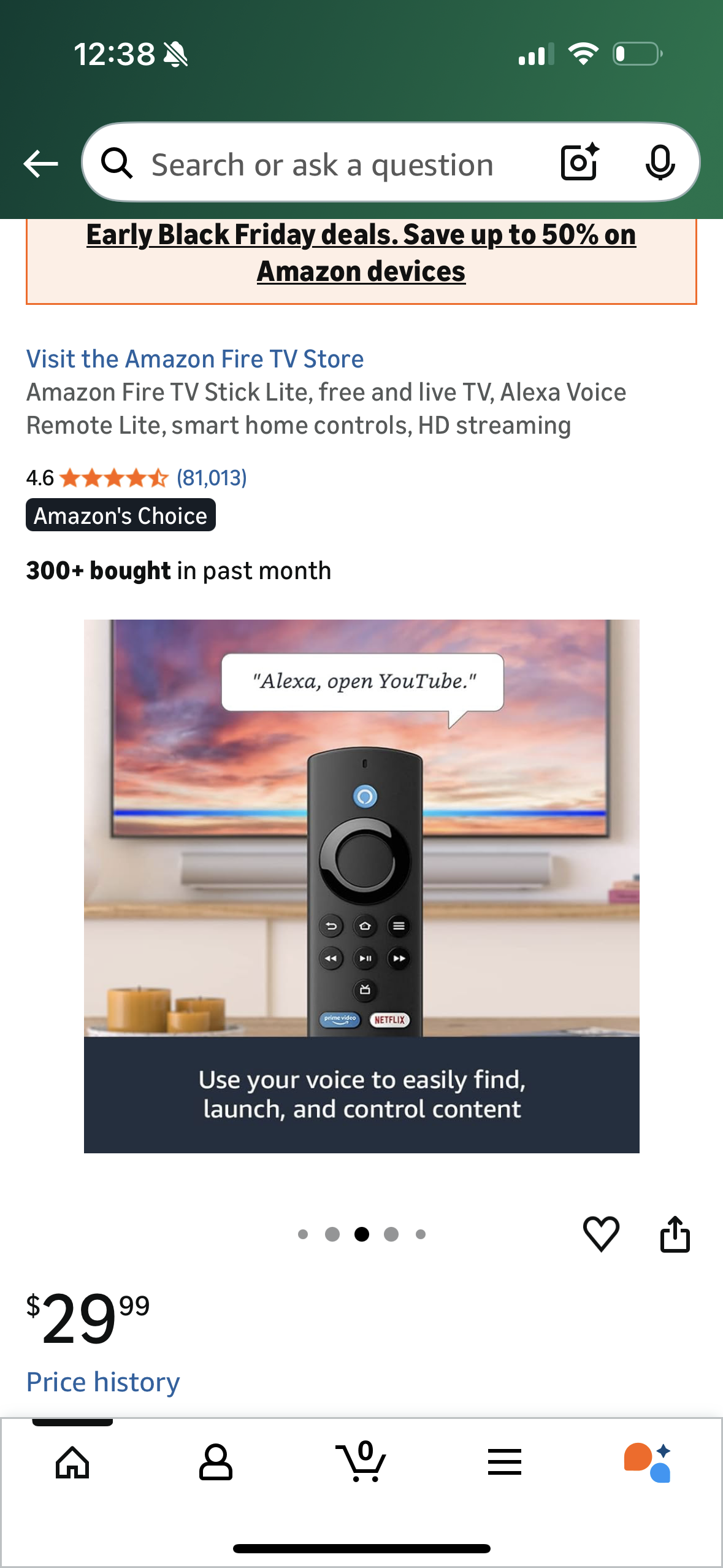 Amazon Fire TV Stick Lite, free and live TV, Alexa Voice Remote Lite, smart home controls, HD streaming