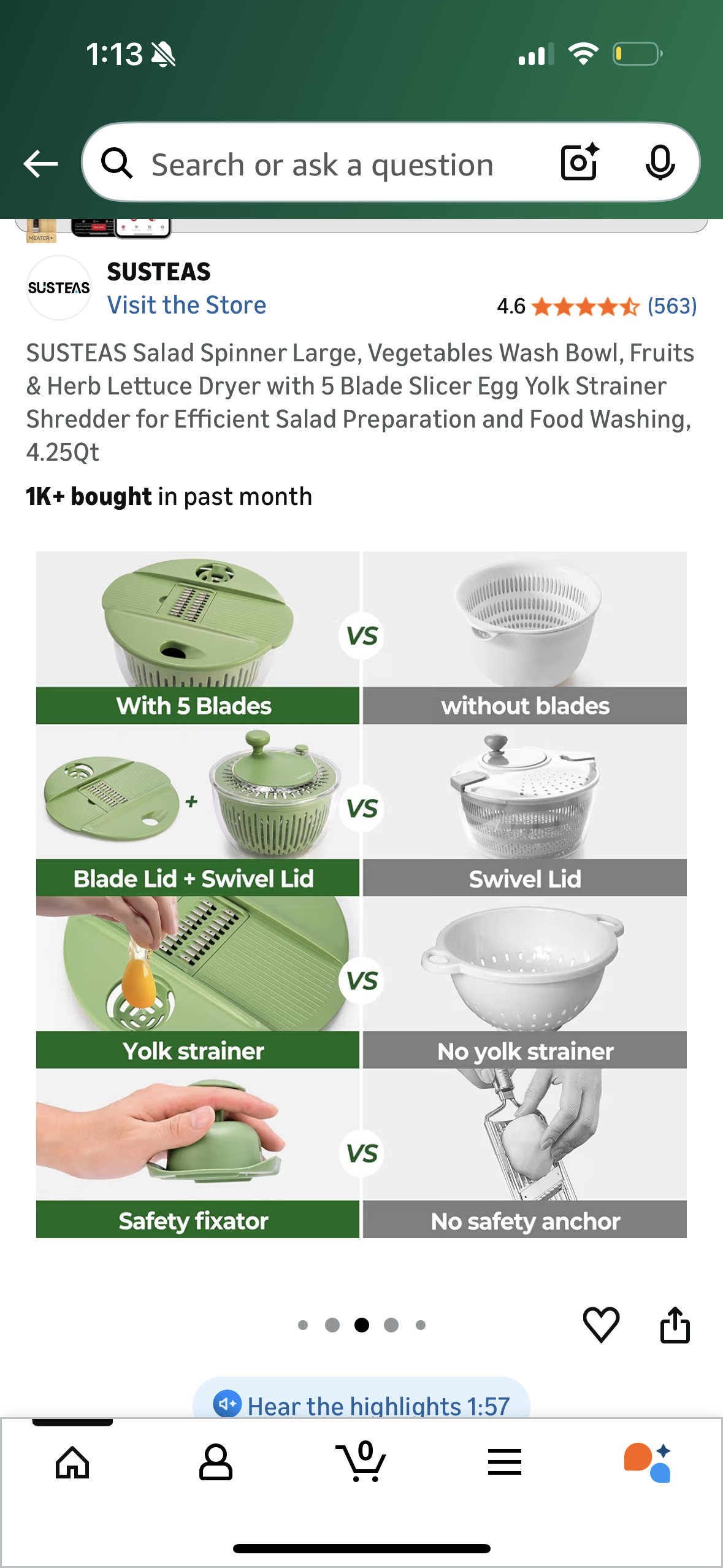 SUSTEAS Salad Spinner Large, Vegetables Wash Bowl, Fruits & Herb Lettuce Dryer with 5 Blade Slicer Egg Yolk Strainer Shredder for Efficient Salad Preparation and Food Washing, 4.25Qt